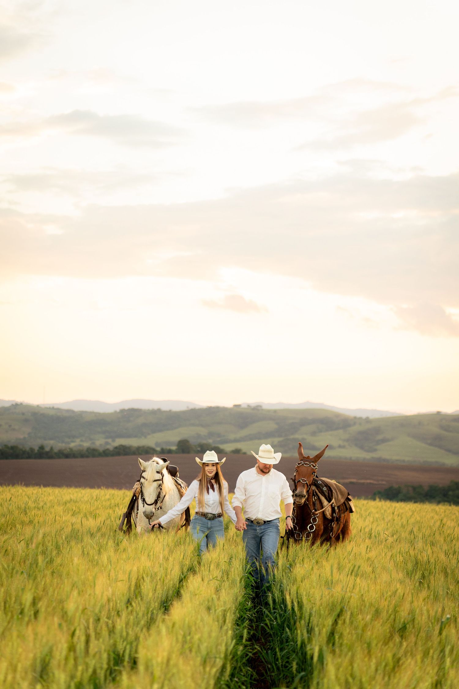 A couple in cowboy hats walk two horses through a golden wheat field at sunset with rolling hills in the background.