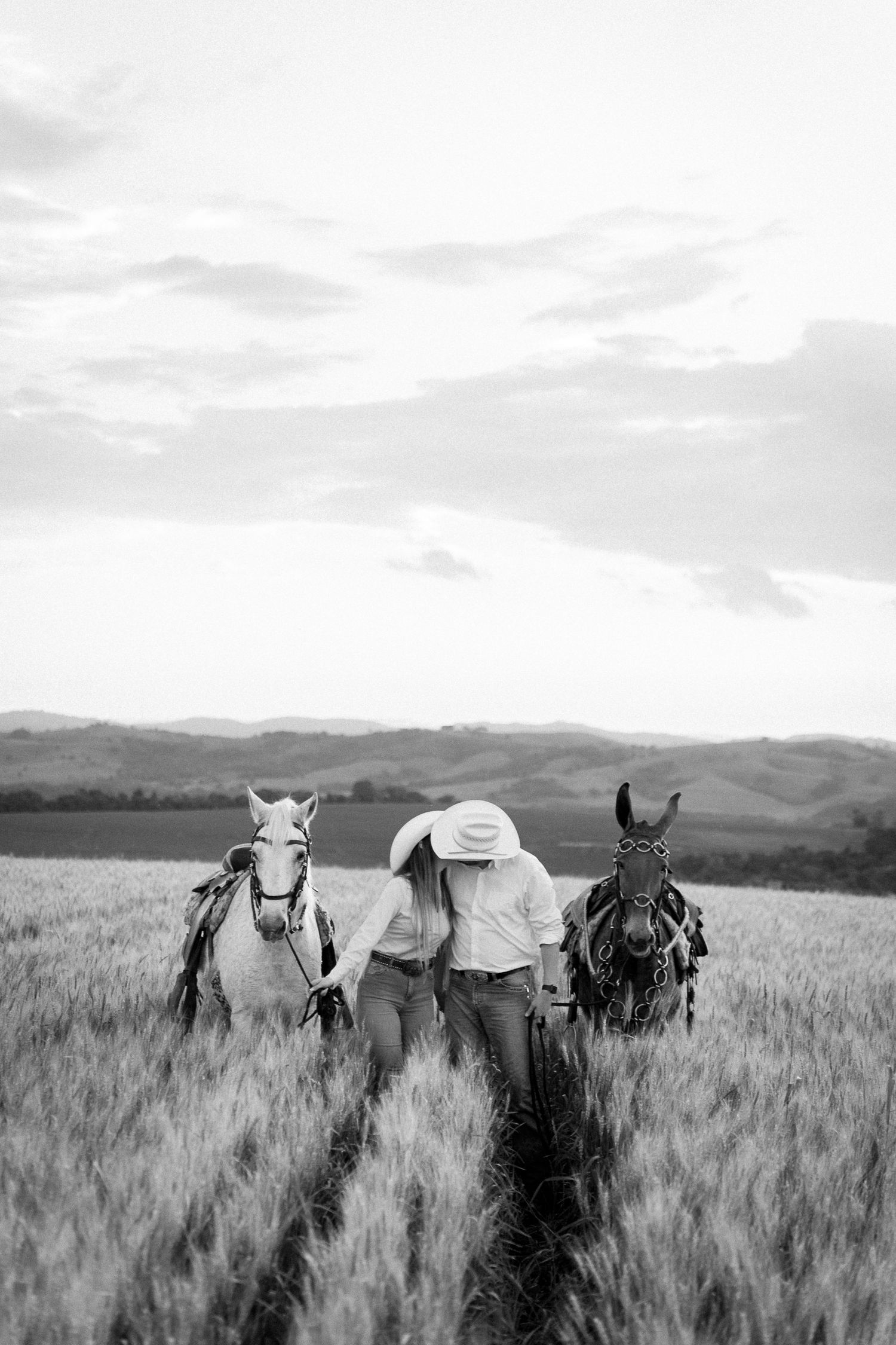 Black and white photo of a couple walking with two horses through a wheat field with mountains in the background.