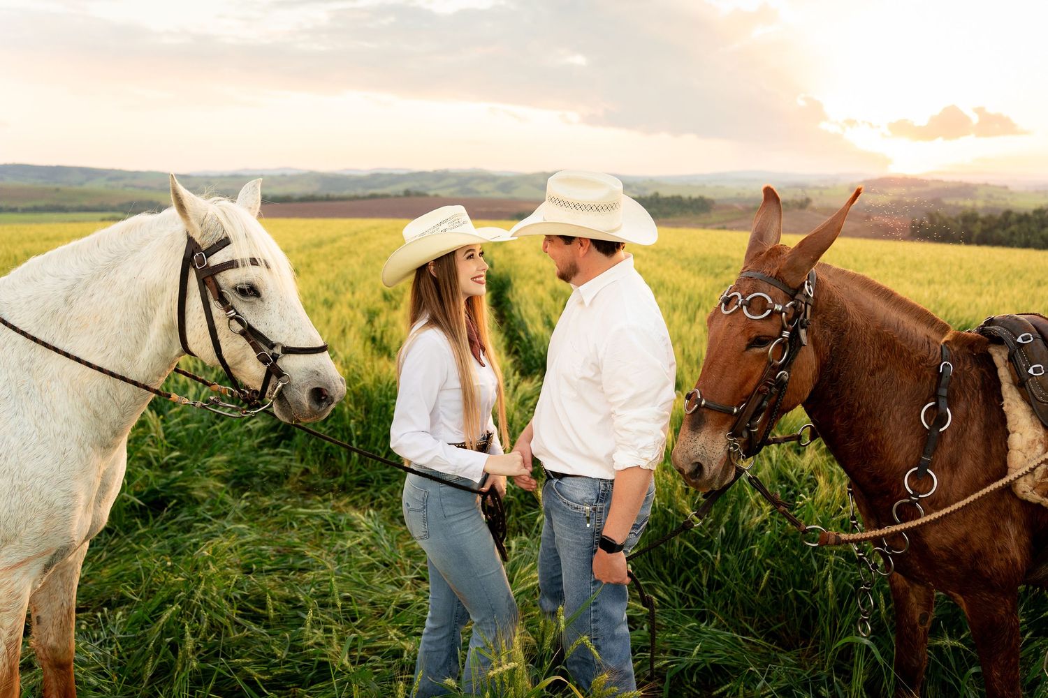 Couple in cowboy hats holding hands between a white and brown horse in a green field at sunset.