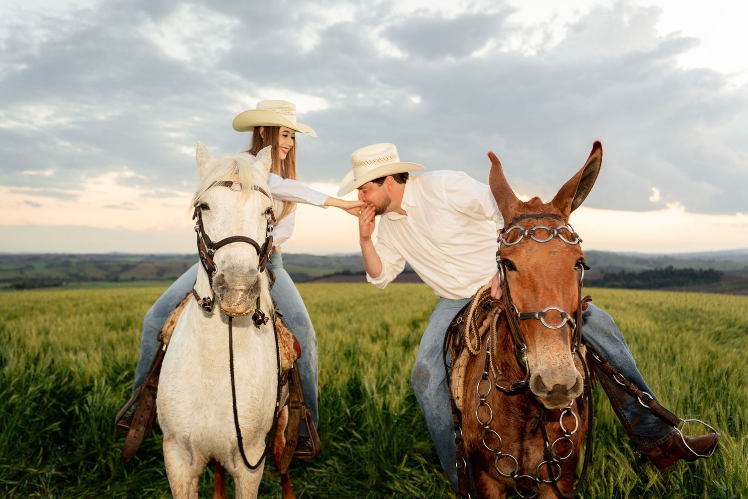 Couple in cowboy hats sharing a romantic moment while riding horses in a green field under a cloudy sky.