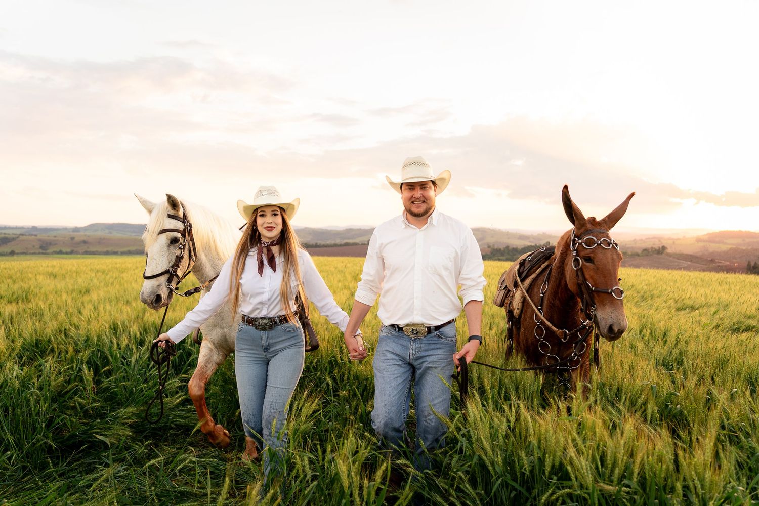 Couple in cowboy hats holding hands in a green field at sunset, leading a gray horse and brown mule.