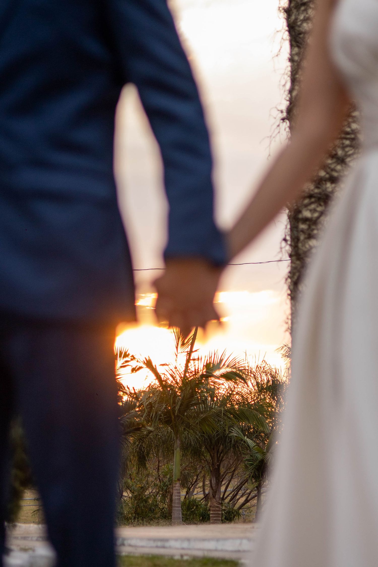 Bride and groom holding hands at sunset with palm trees in the background during outdoor wedding ceremony.