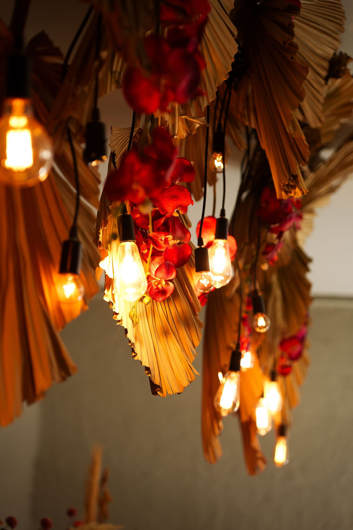 Warm Edison bulbs glow among dried palm leaves and red tropical flowers in a bohemian hanging ceiling decoration.