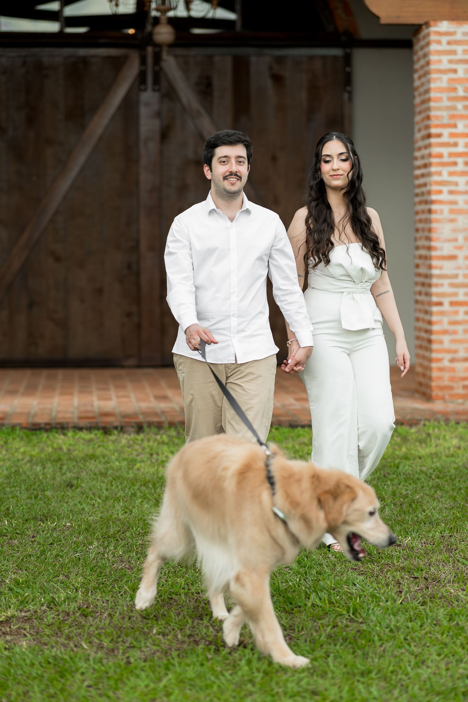Smiling couple in white outfits walking golden retriever on leash across green lawn by barn.