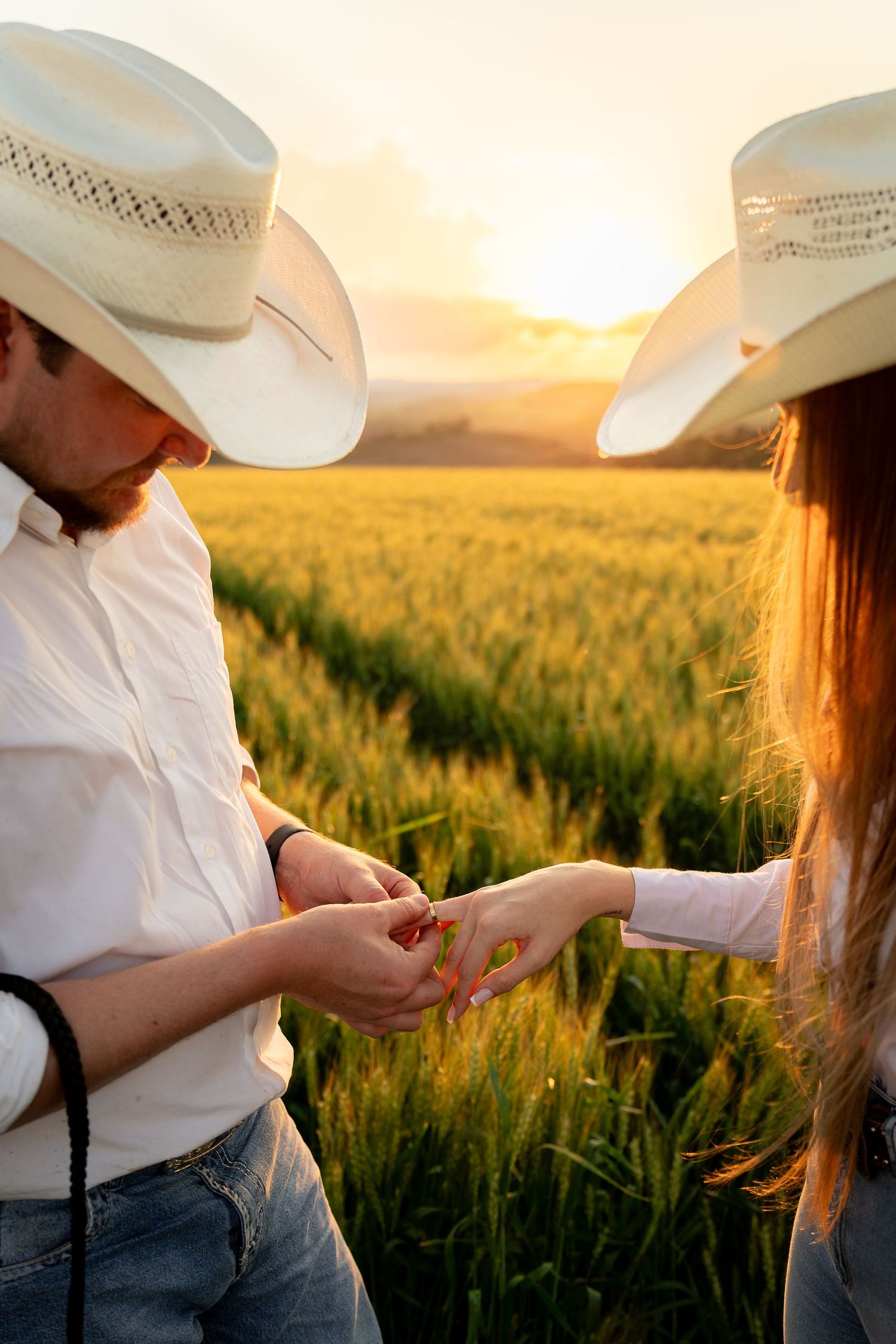 Couple in white cowboy hats sharing a romantic moment in a golden wheat field at sunset.