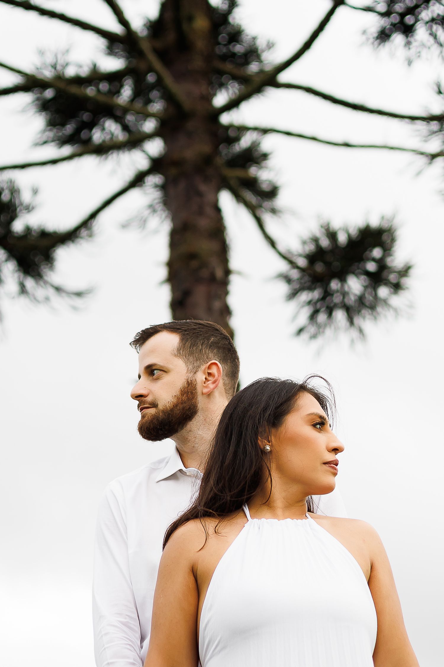A couple in white attire stands back-to-back beneath a tall pine tree against a soft sky.