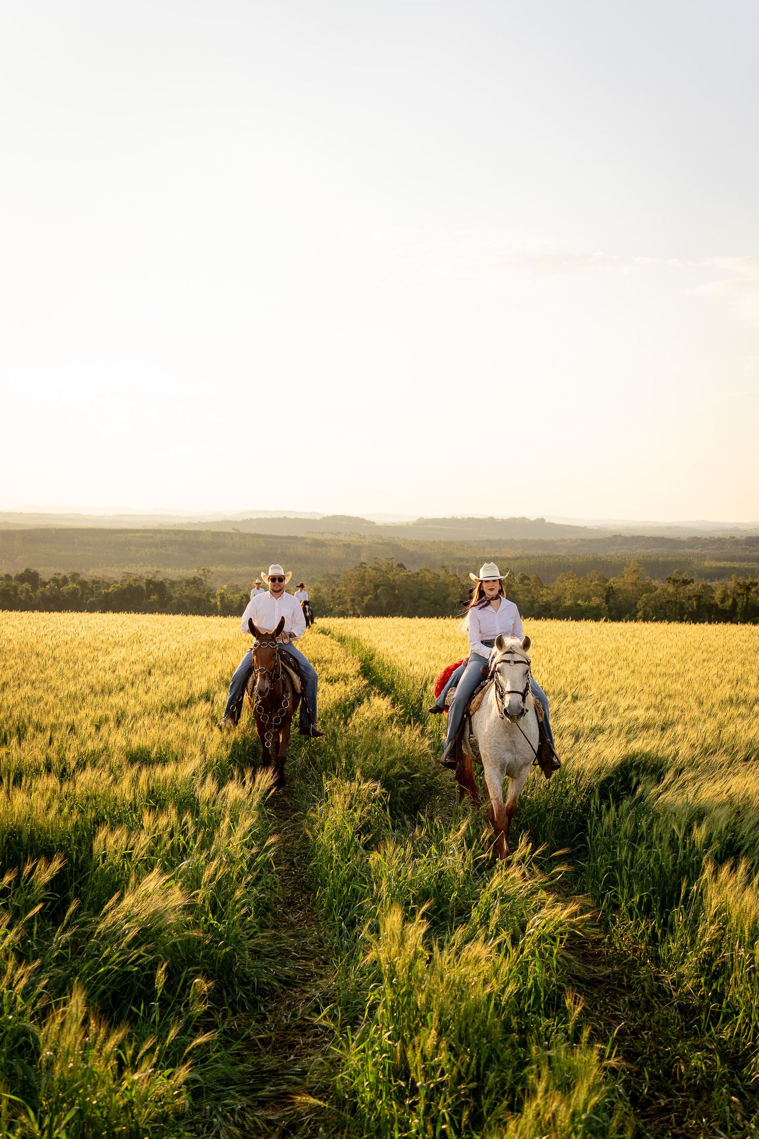 Two women riding horses through a golden wheat field at sunset in a scenic rural landscape.