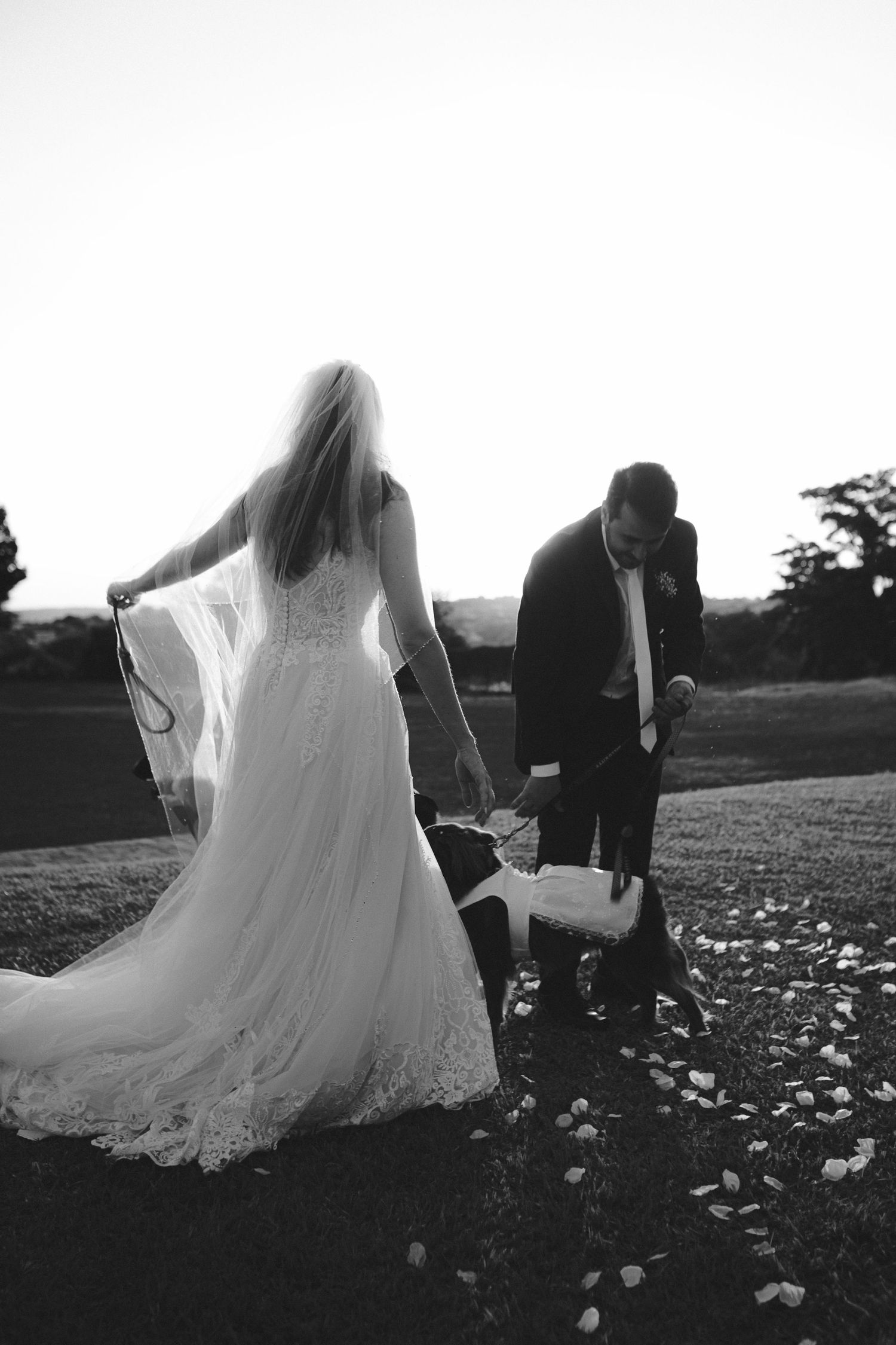 Black and white photo of bride in lace gown and groom in tuxedo with flower girl scattering petals outdoors.