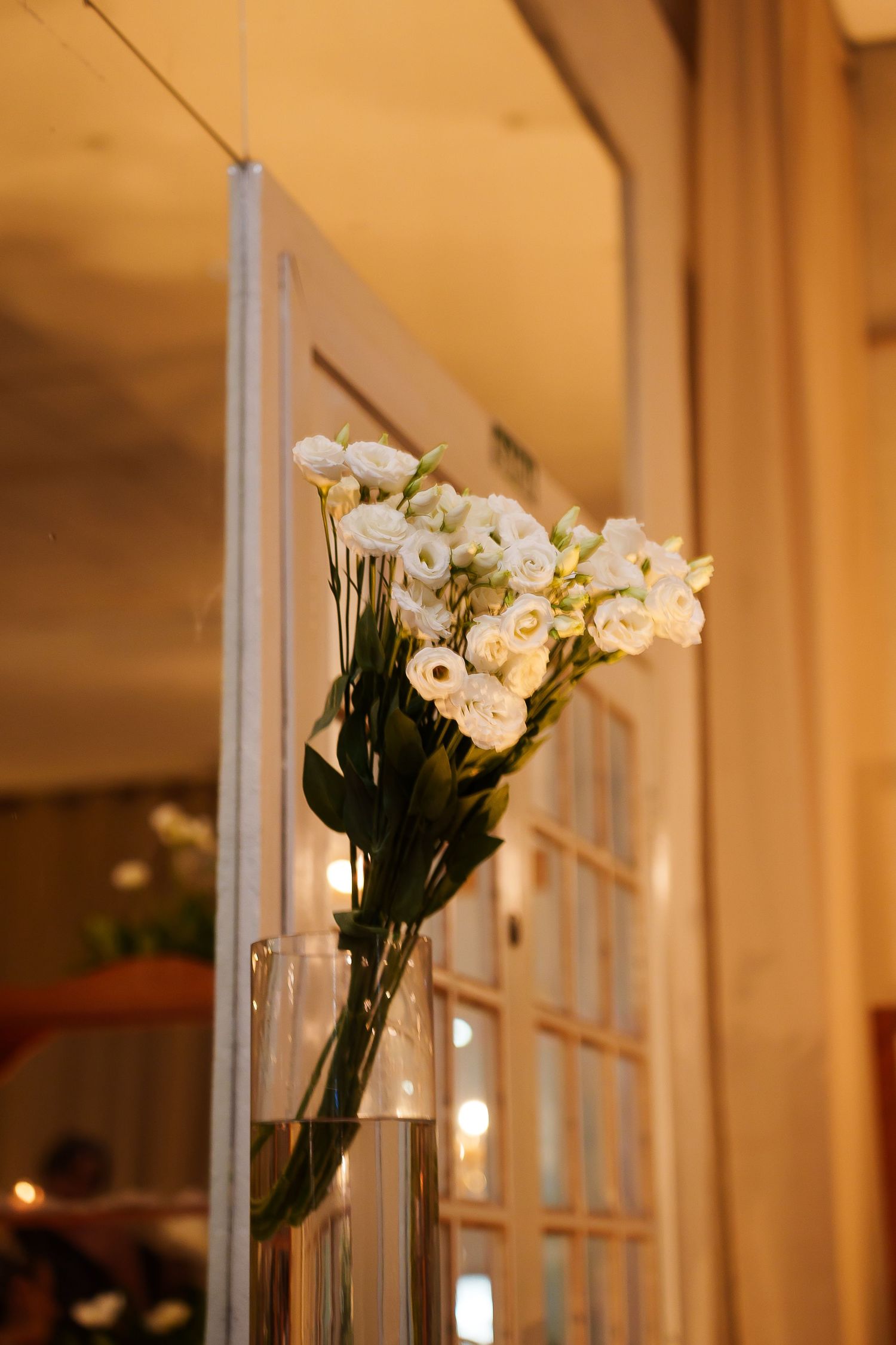 White roses in a glass vase placed near a wooden door, bathed in warm golden light.