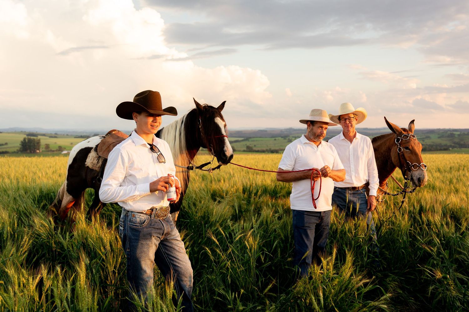 Three cowboys in white shirts and hats lead horses through a lush green field at golden sunset.