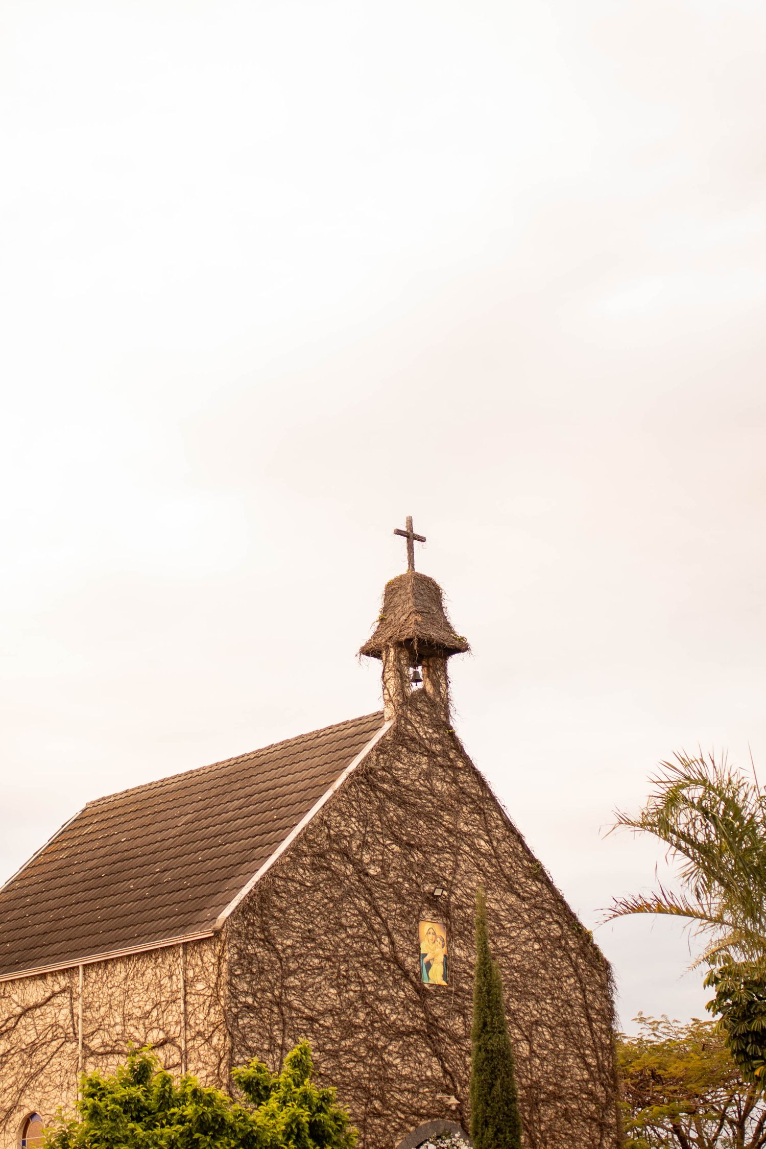 Stone church covered in ivy with a cross atop the bell tower, surrounded by trees under a cloudy sky.