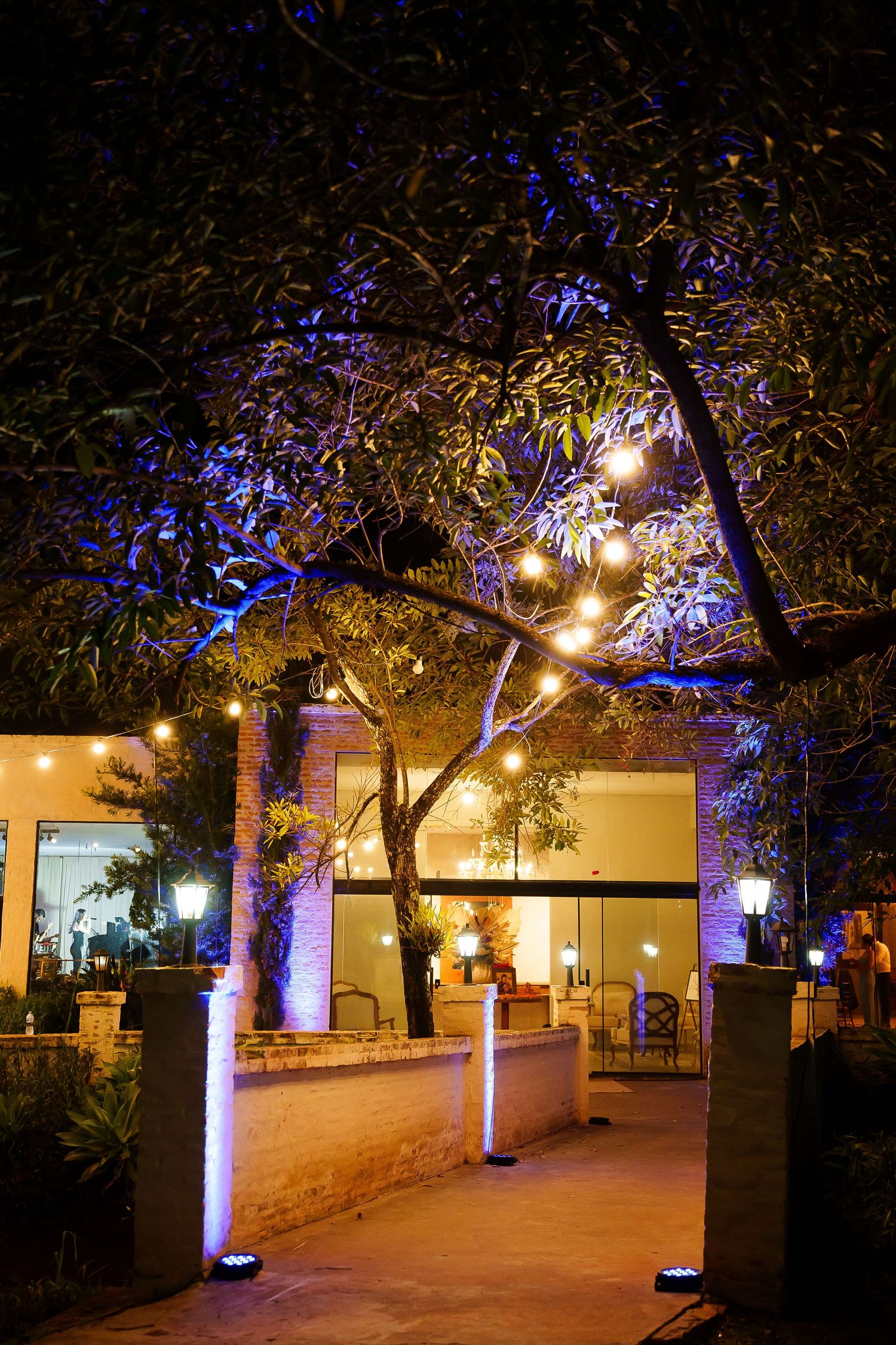 Elegant outdoor venue at night with string lights in trees, blue uplighting on brick pillars, and warm glowing building entrance.