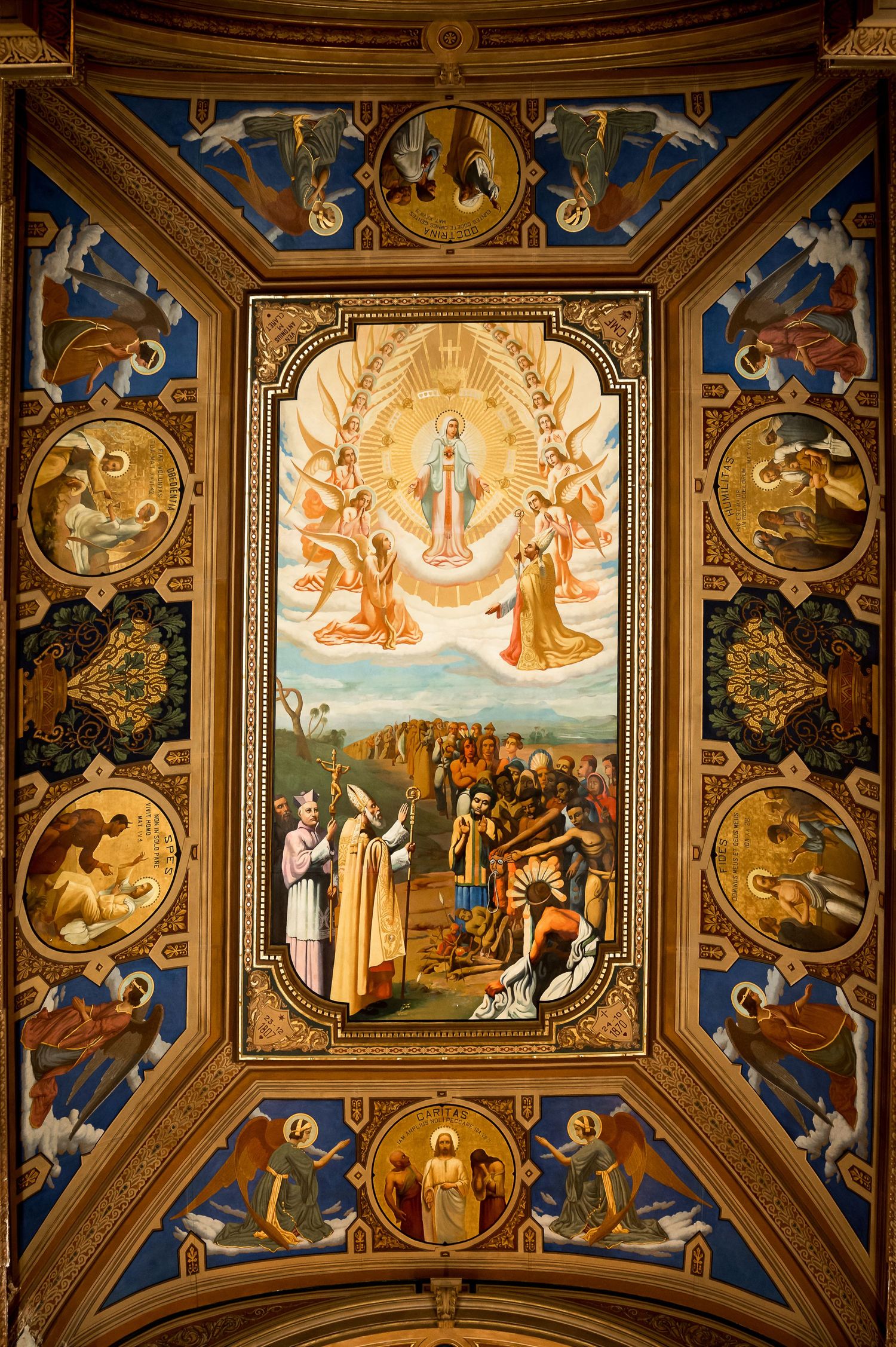 Ornate ceiling fresco depicting religious figures, angels, and biblical scenes in a grand church with gold and blue decor.