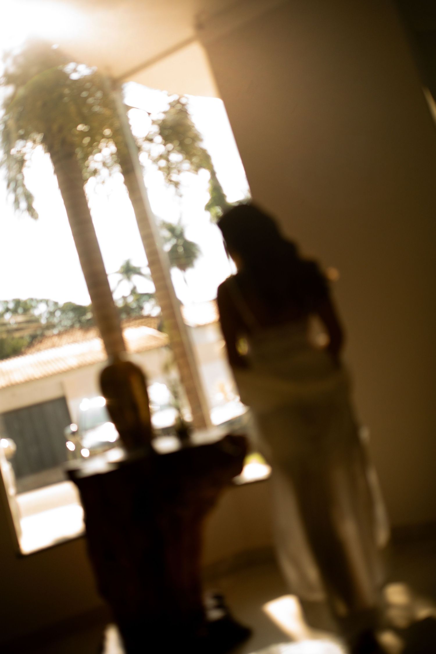 Silhouette of a woman standing near bright windows with palm trees visible outside in warm sunlight.