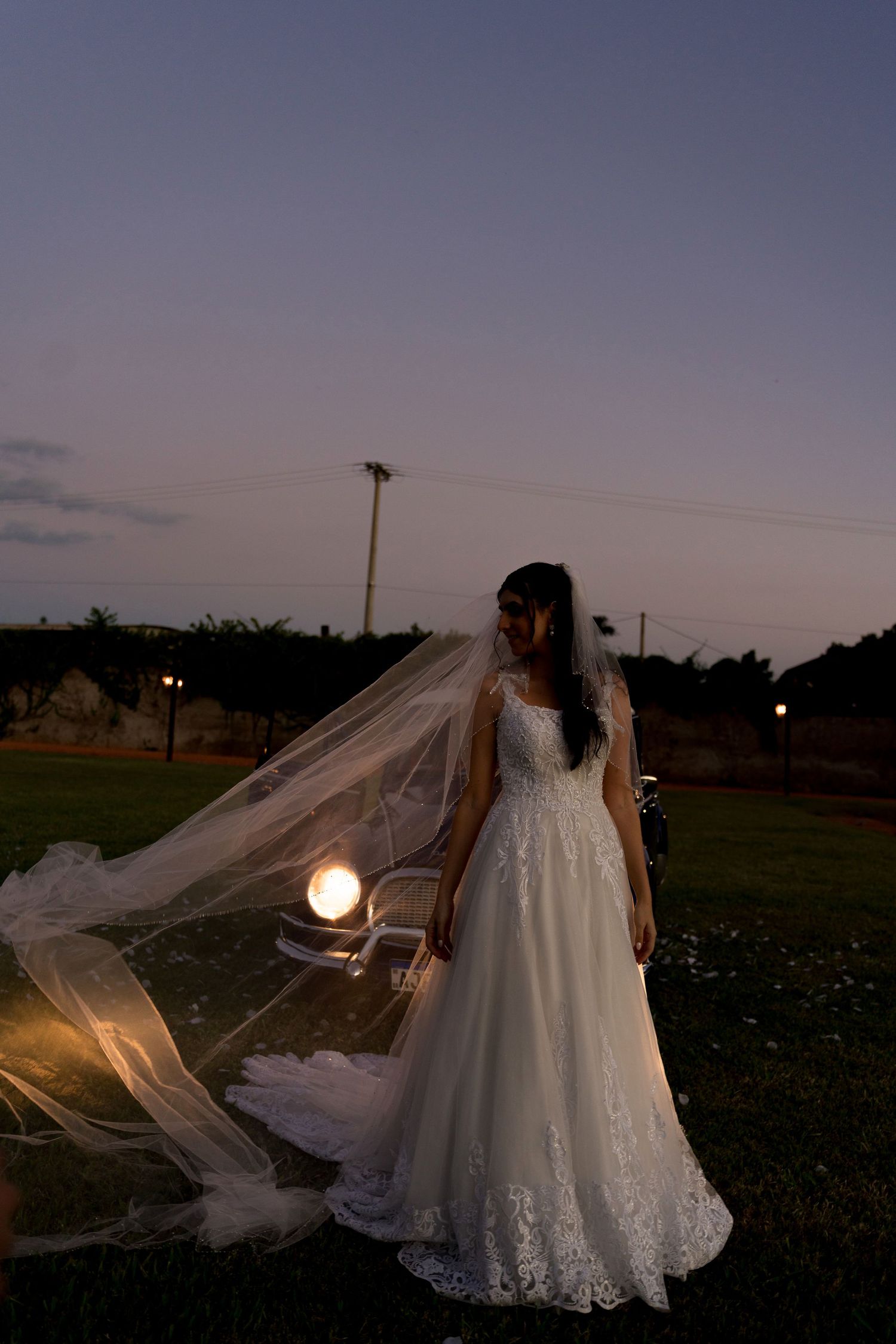 Bride in white lace gown with flowing veil billowing in breeze, standing on green lawn at dusk with soft backlight.