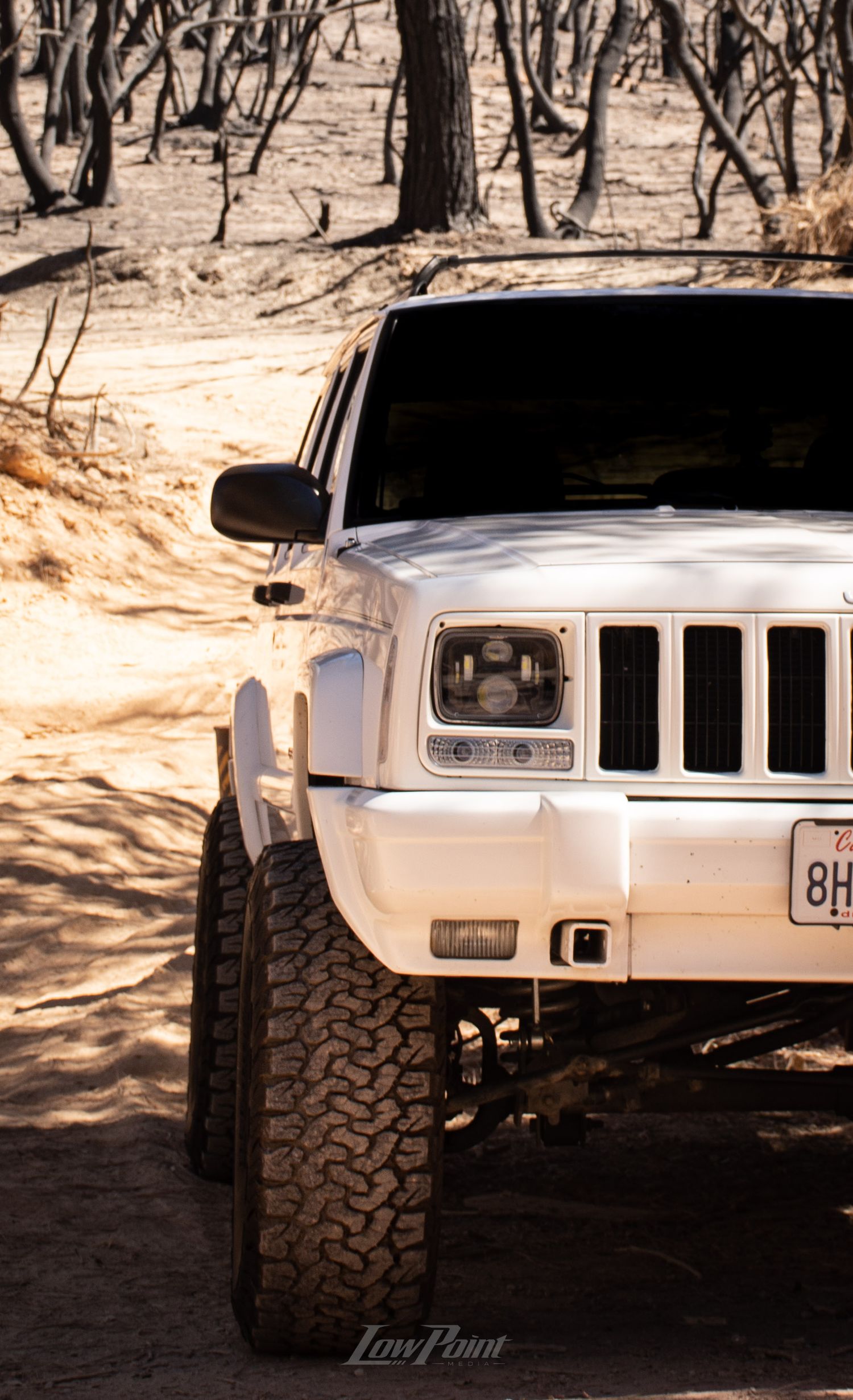 White Jeep Cherokee photographed in front of black burned trees from a forest fire
