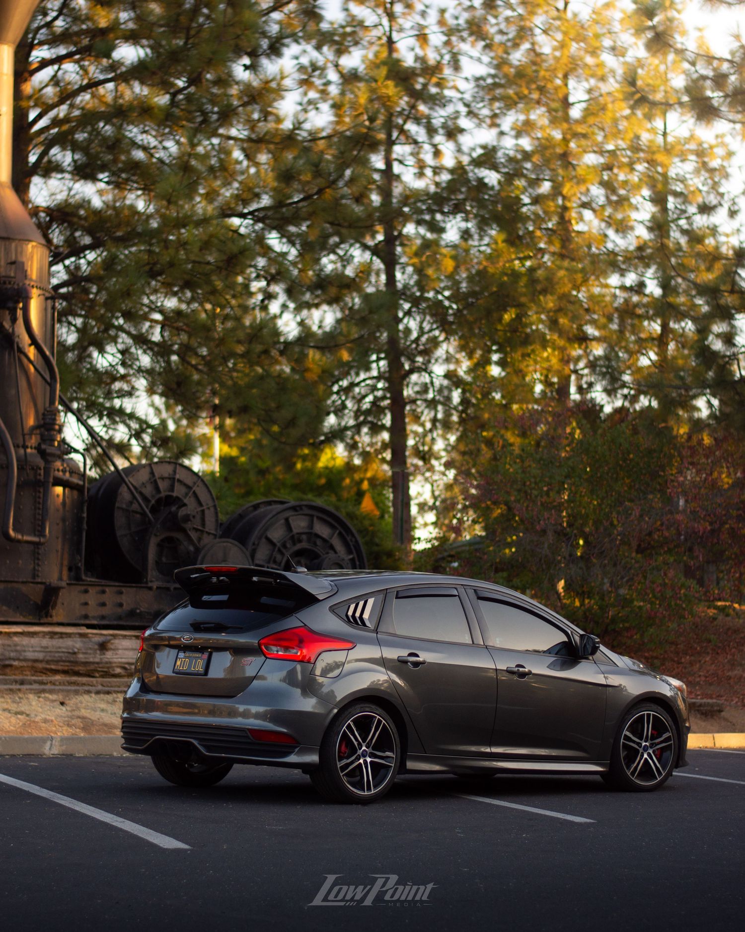Magnetic Grey Ford Focus ST photographed in front trees at golden hour