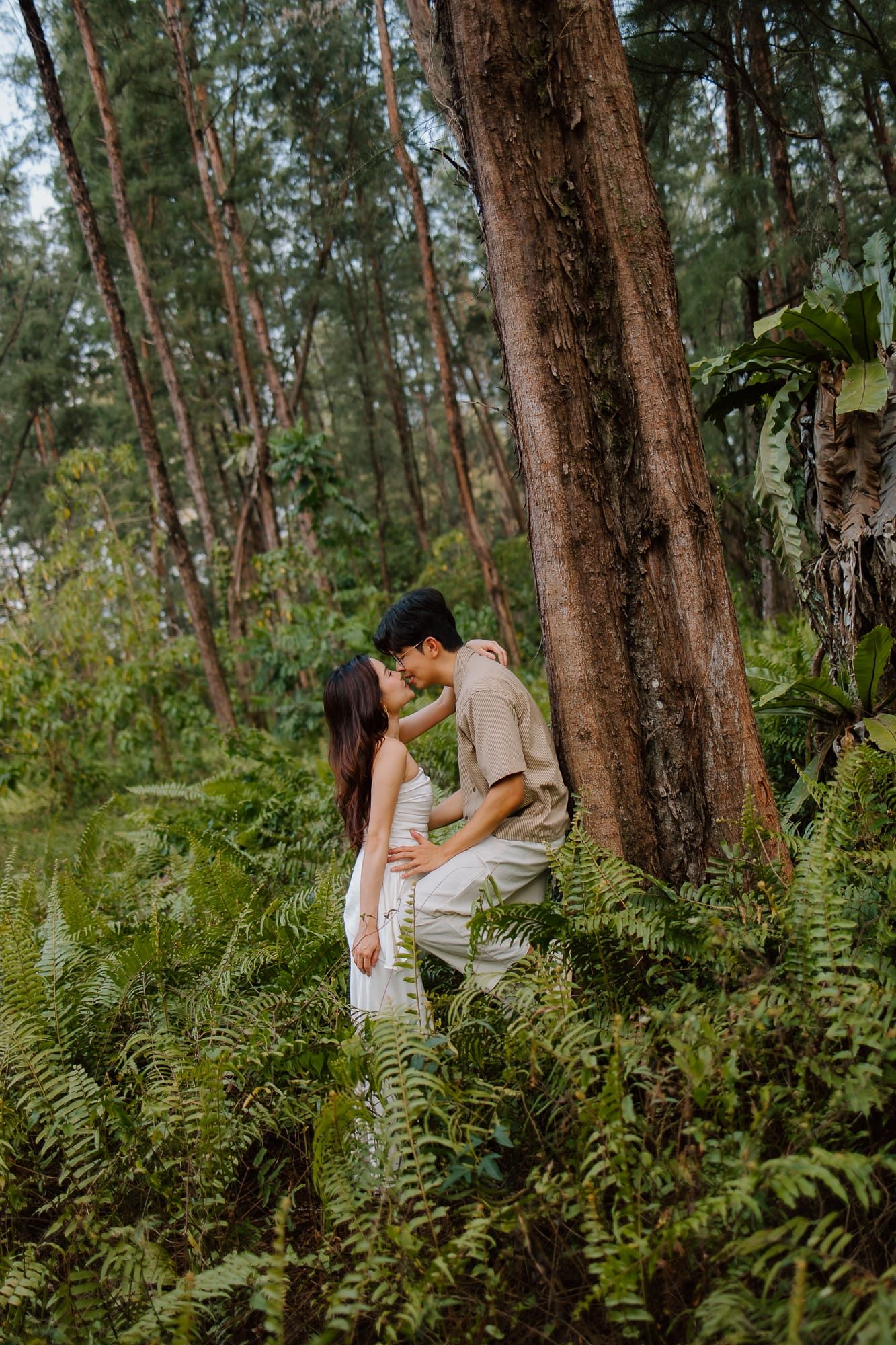 Couple embracing romantically among lush ferns and tall trees in a tropical forest setting.