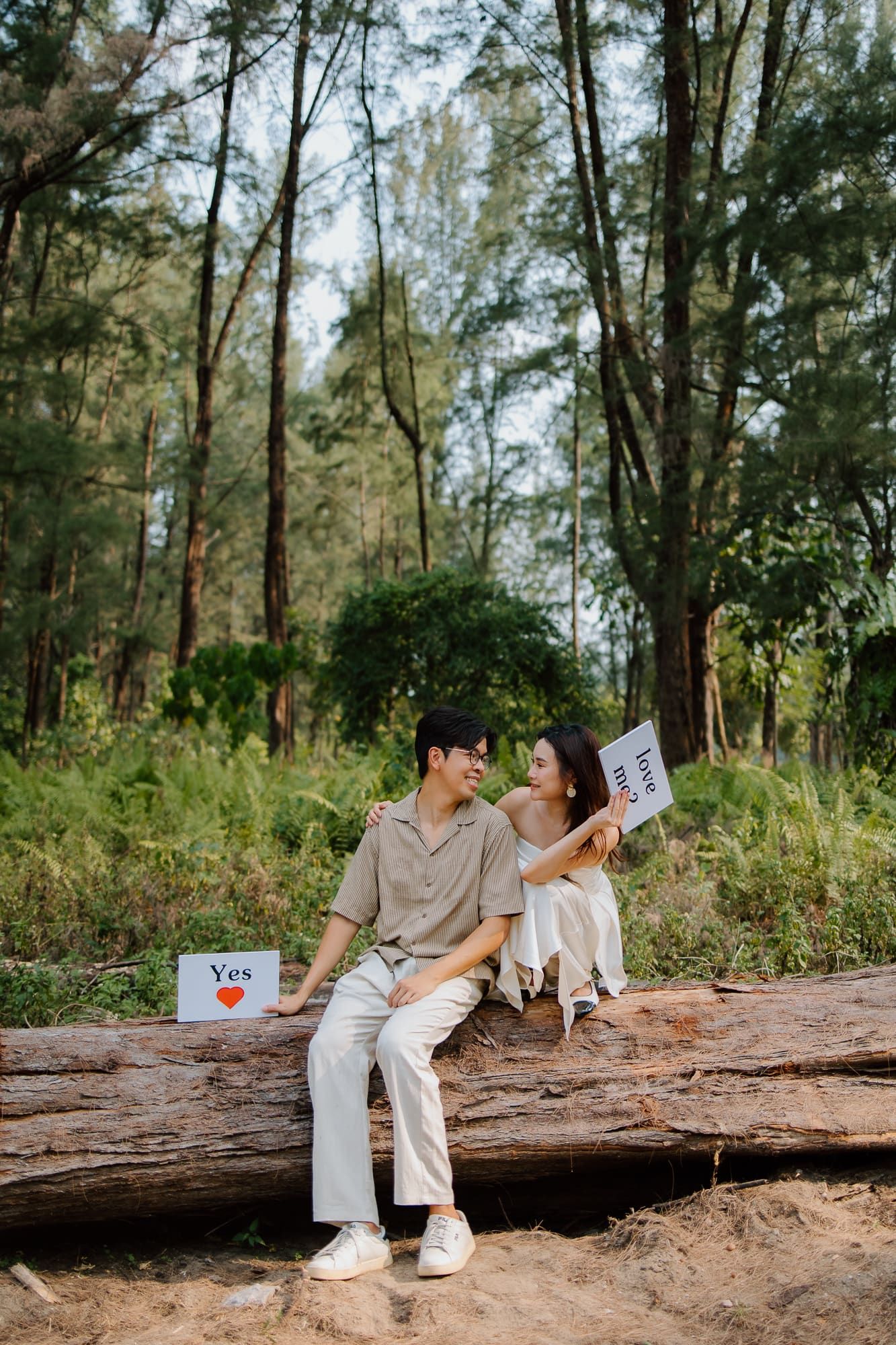 Couple sitting on a fallen log in a forest, holding signs reading Yes and Will You Marry Me, sharing a romantic moment.