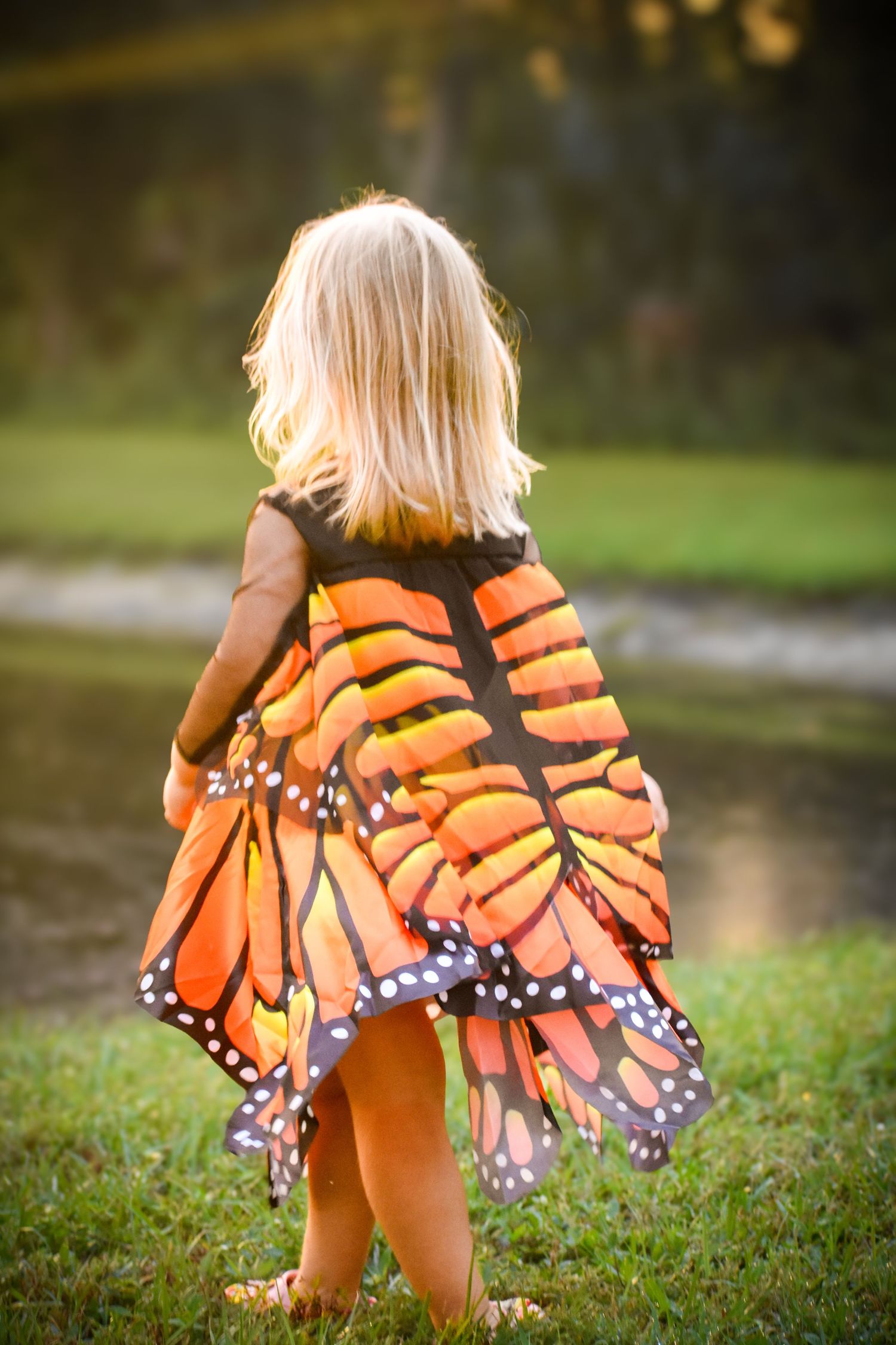 Young blonde girl in orange monarch butterfly costume standing on grass near a pond.