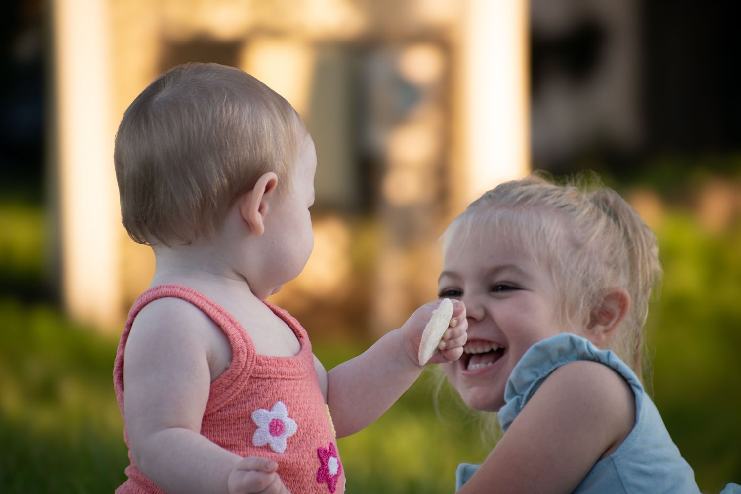 Two young toddler sisters laughing and playing together outdoors in warm golden sunlight.