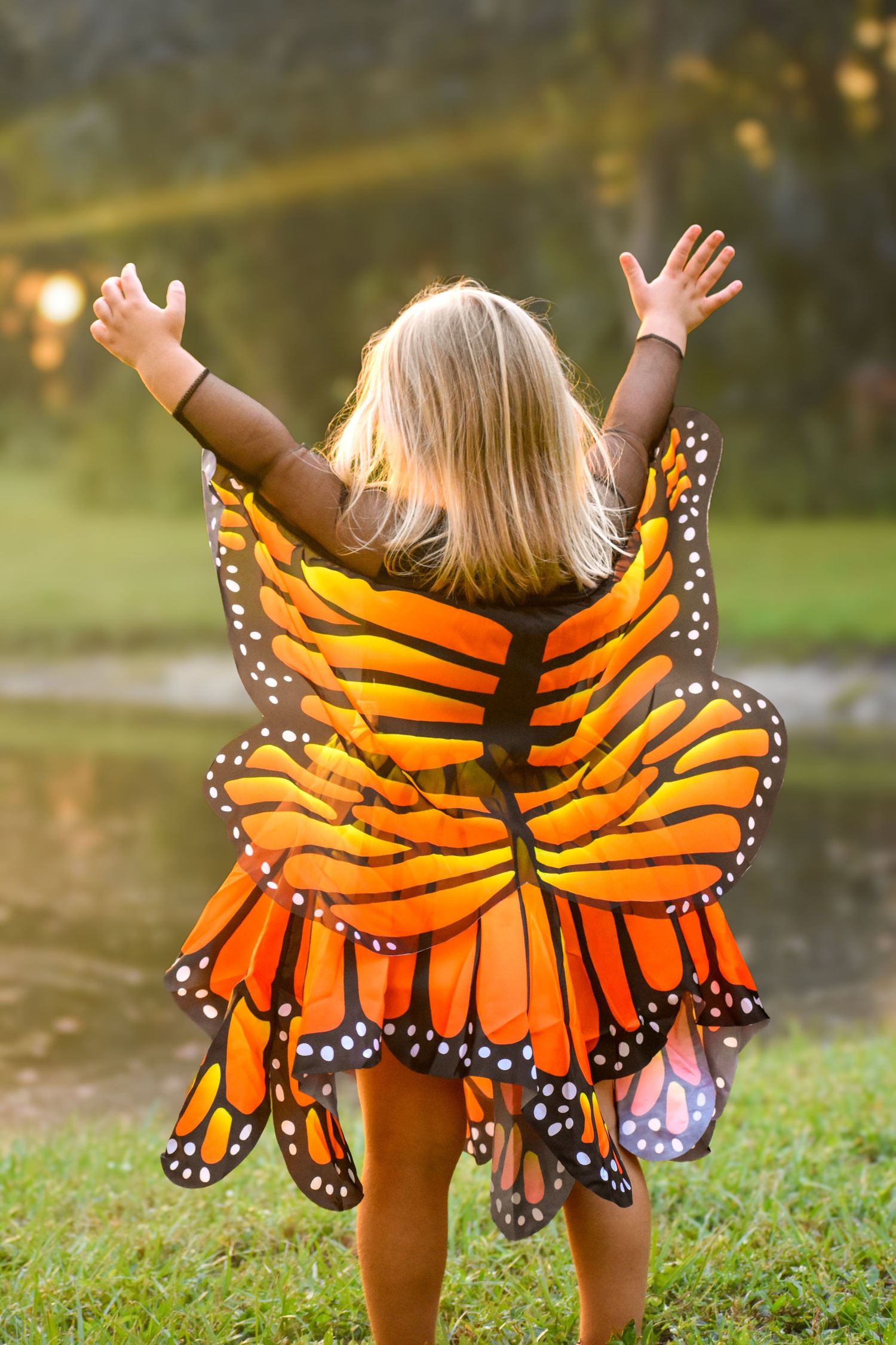 Blonde toddler in monarch butterfly costume raising arms joyfully near a sunlit pond.