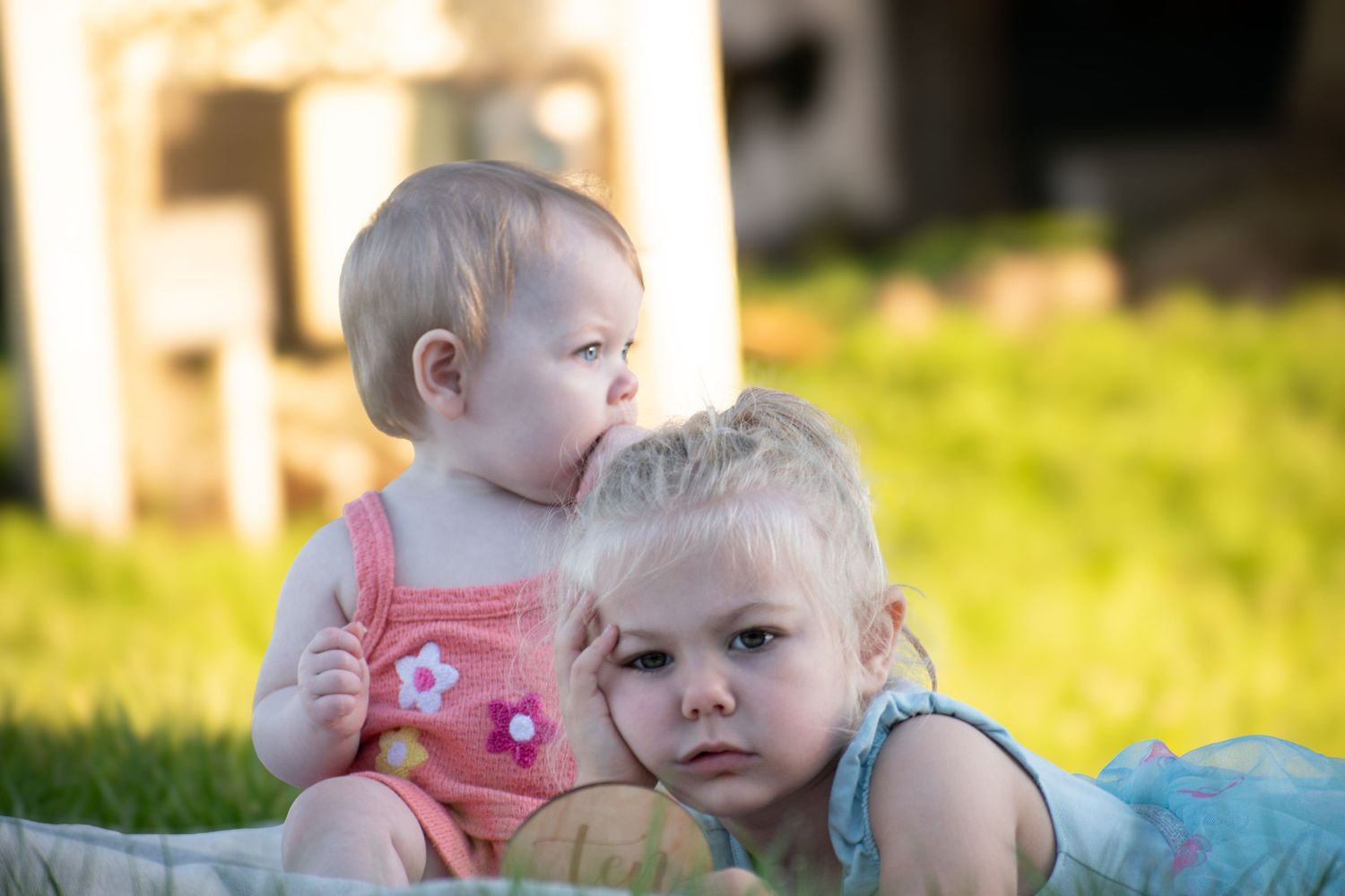 Two young toddler sisters sitting together on a blanket in a sunny green backyard.