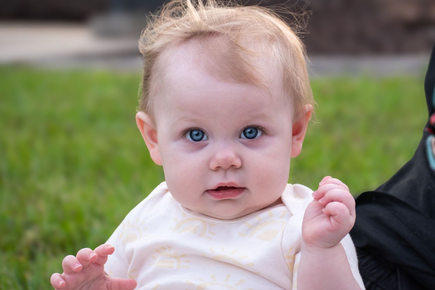 Close-up portrait of blue-eyed baby in white onesie sitting on green grass outdoors.