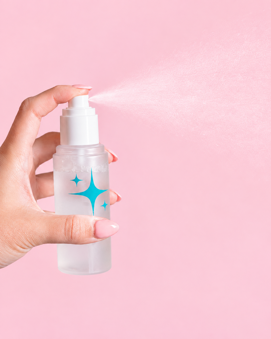 A studio product photo of a mist model with a light pink backdrop.