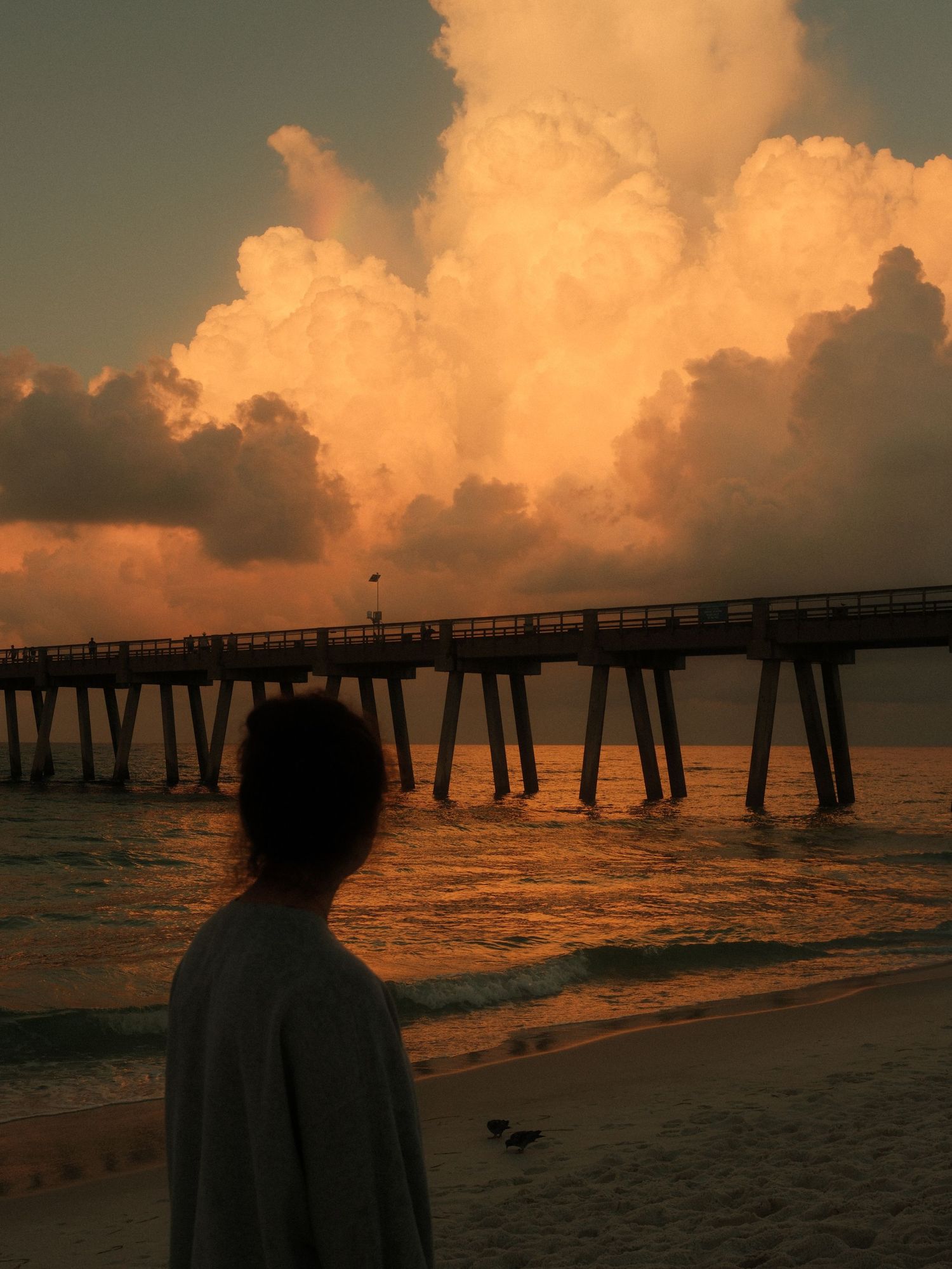 Fiona looking out to a beautiful sky at the beach during sunrise.
