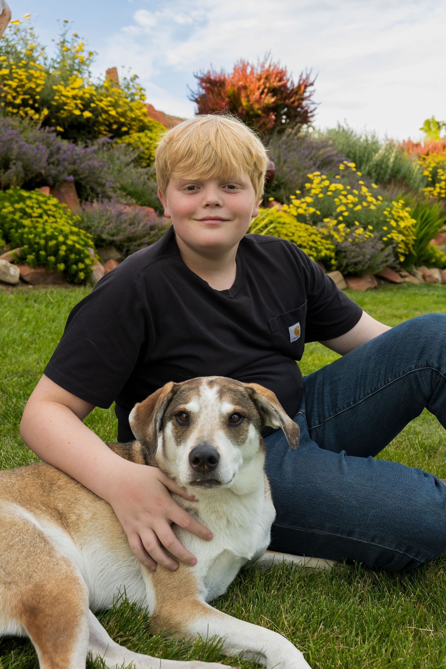Child and dog share a sweet moment together on grass with yellow flowers in background.