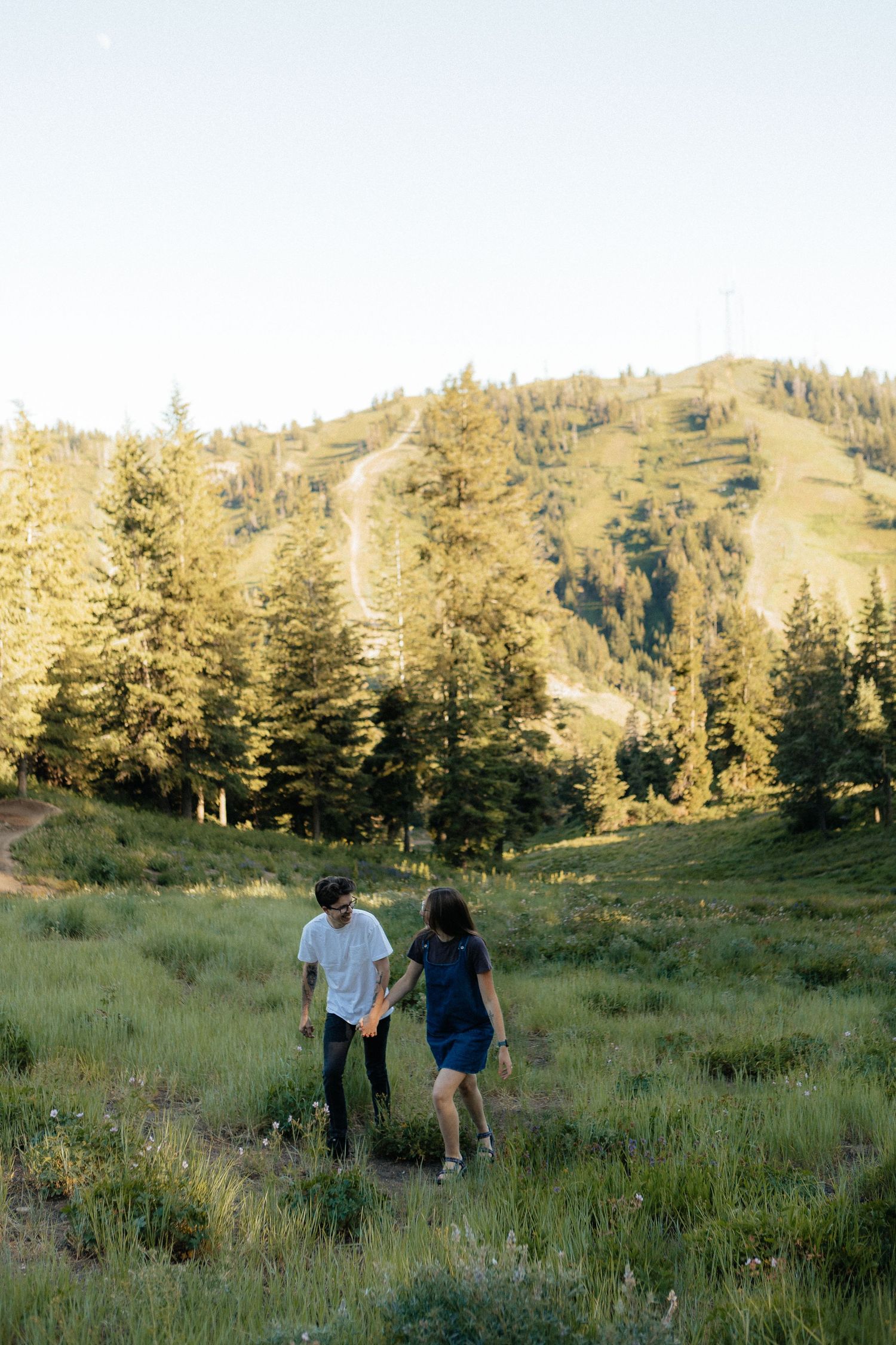 Two people walking through a grassy meadow surrounded by pine trees and mountains in late afternoon sunlight.