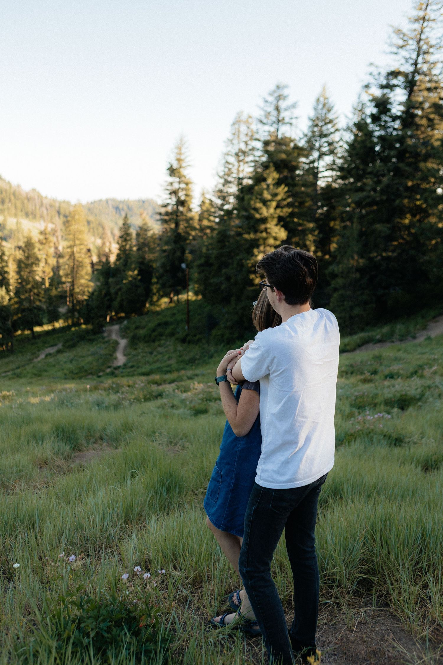 A couple shares a tender moment on a hillside surrounded by tall pine trees at sunset.
