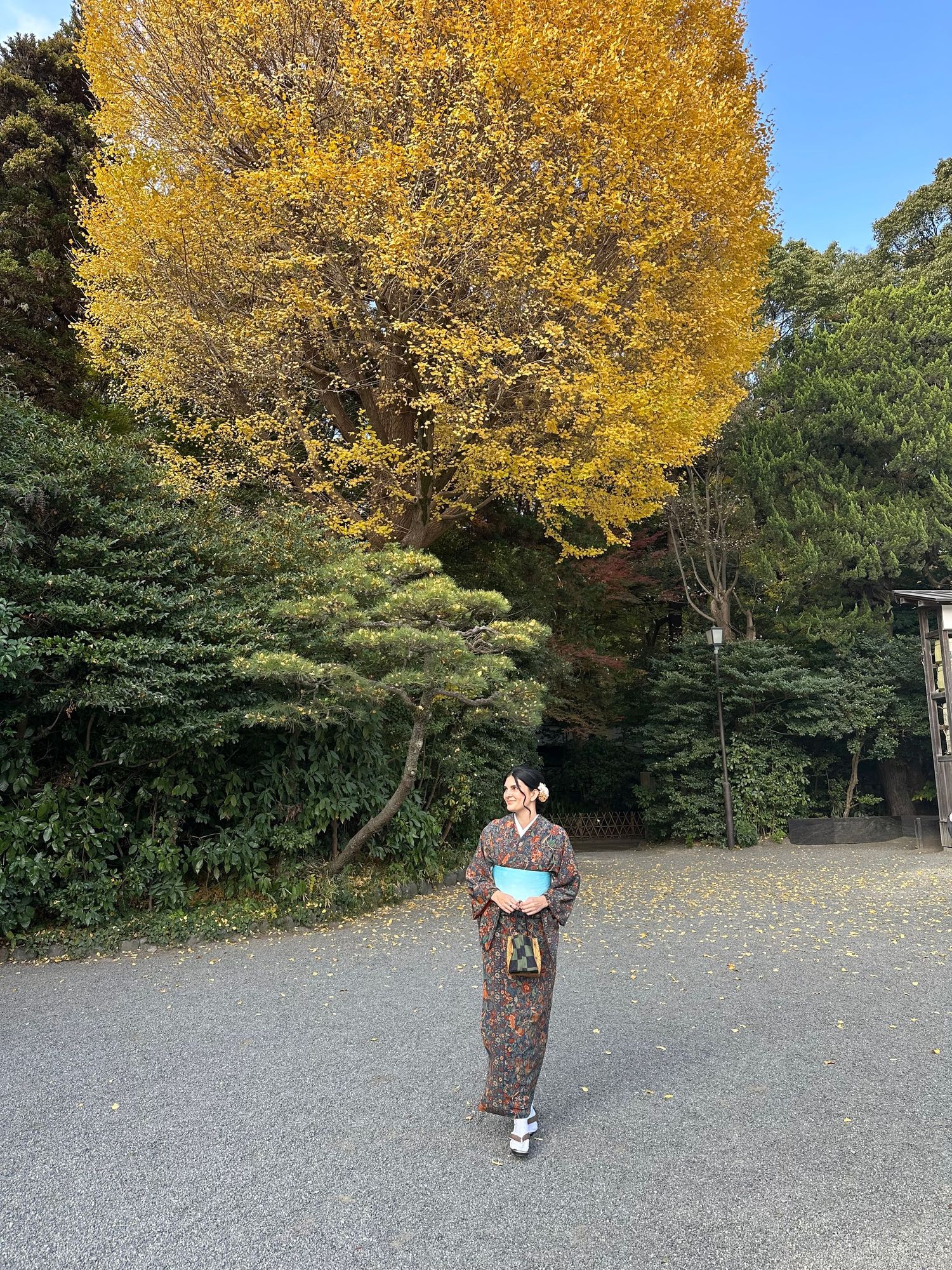Person in floral dress stands beneath vibrant yellow autumn tree.