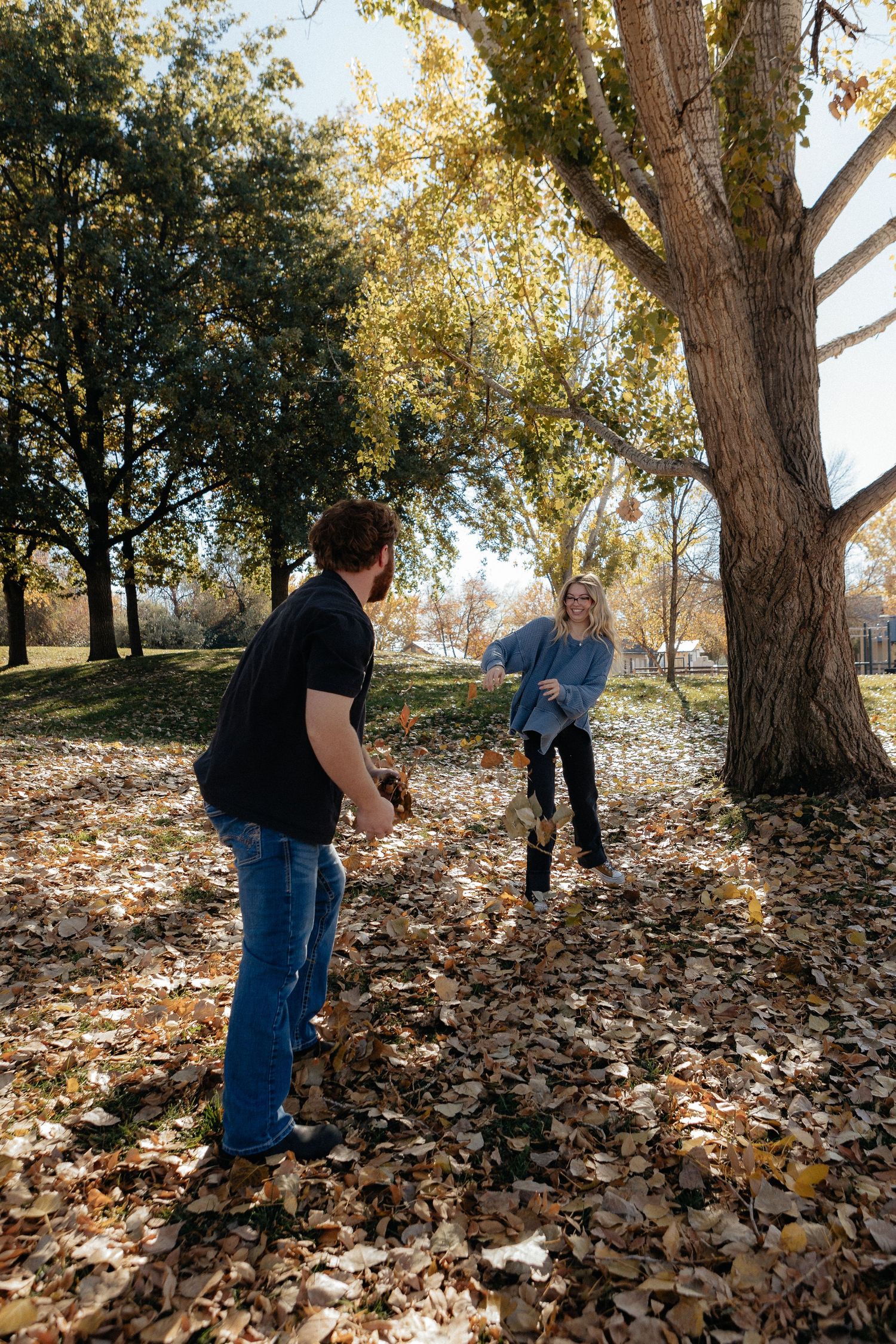 People playing in fallen autumn leaves under large trees in a park.