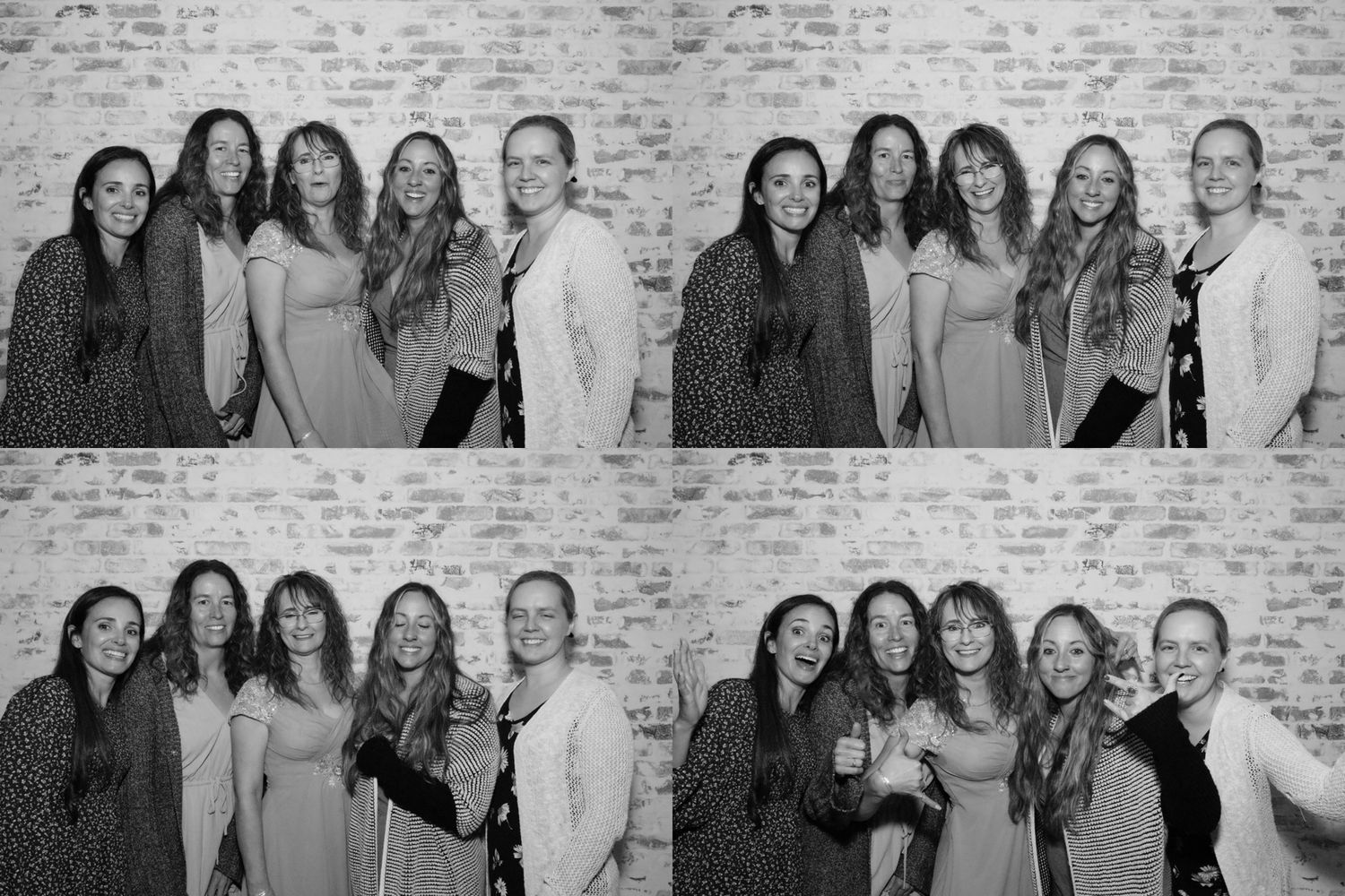 Group photo series showing people in casual attire posing against brick wall.