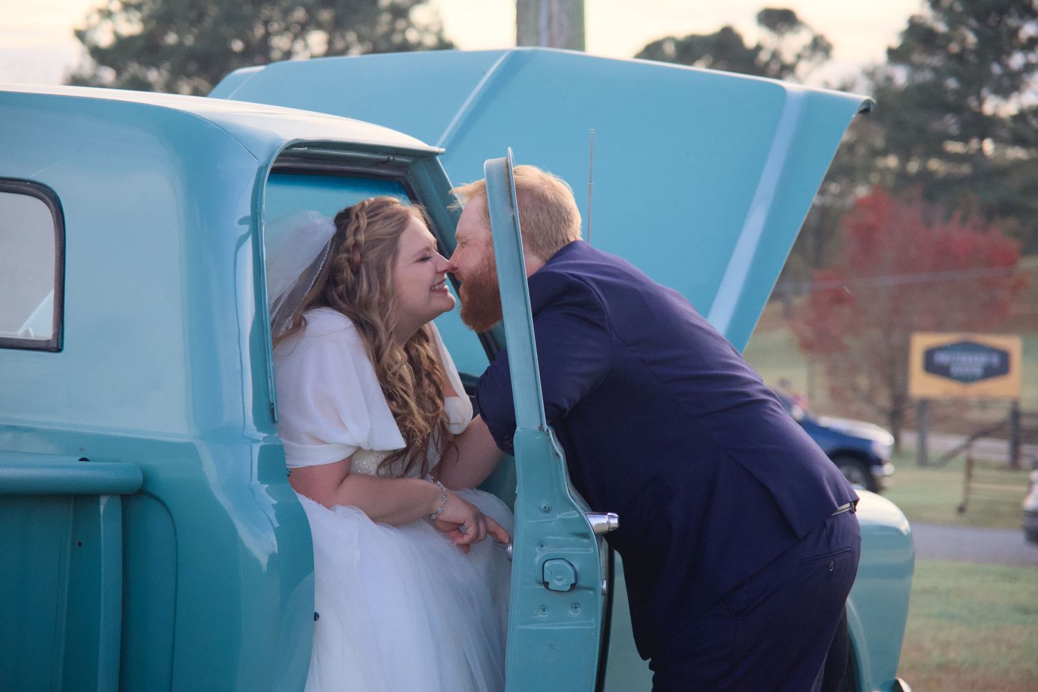 Wedding photo sequence with vintage turquoise truck in outdoor setting.