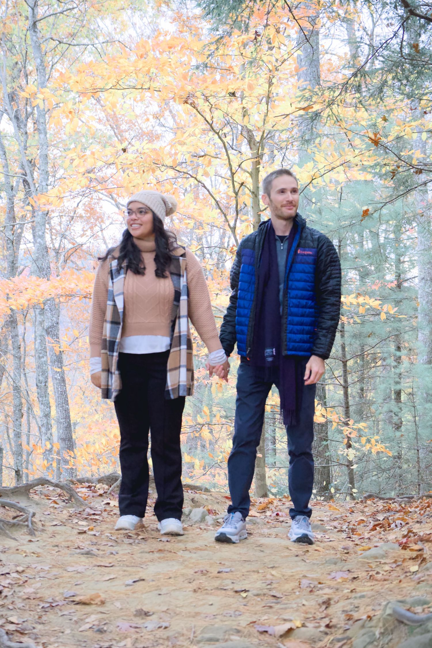 Group walking through autumn forest with golden leaves and natural lighting.