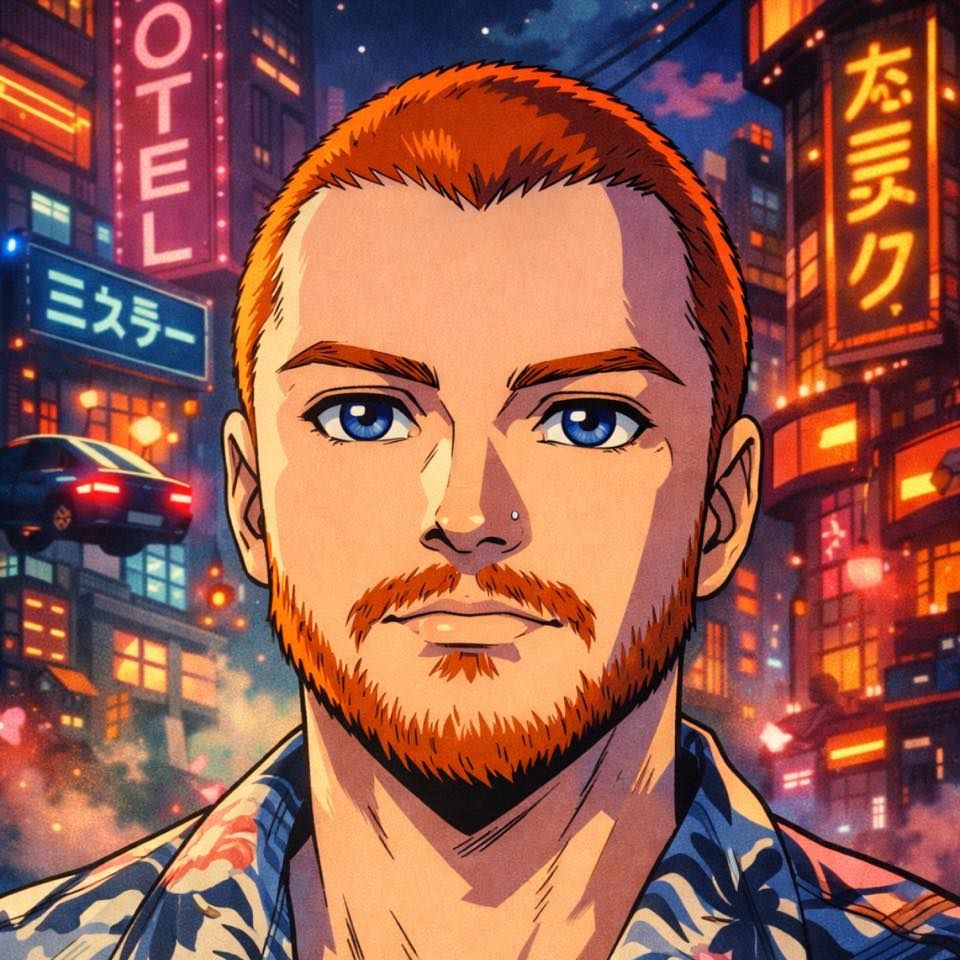 Anime style illustration of a character with red hair against neon city background.