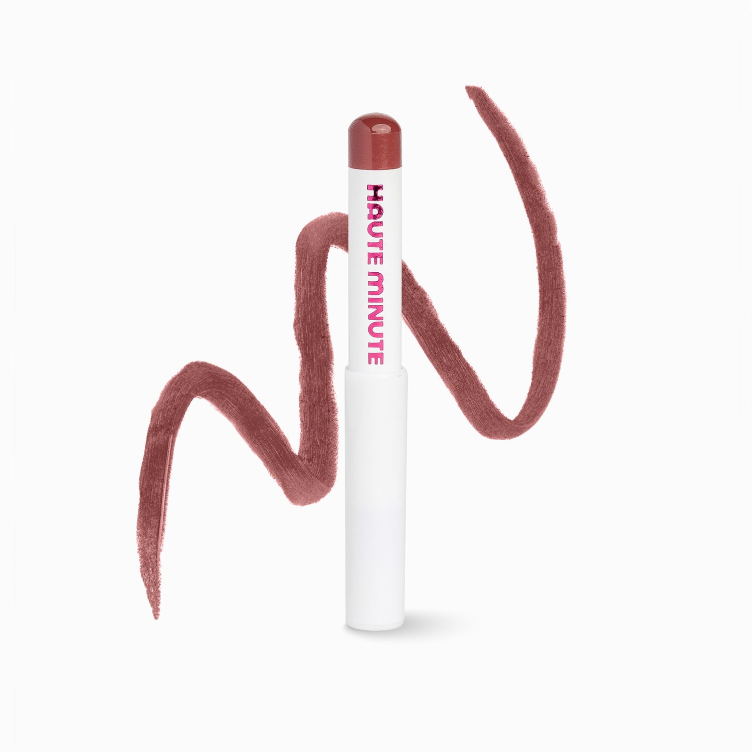 Lipstick swatches in various shades of brown and pink displayed on a white surface.