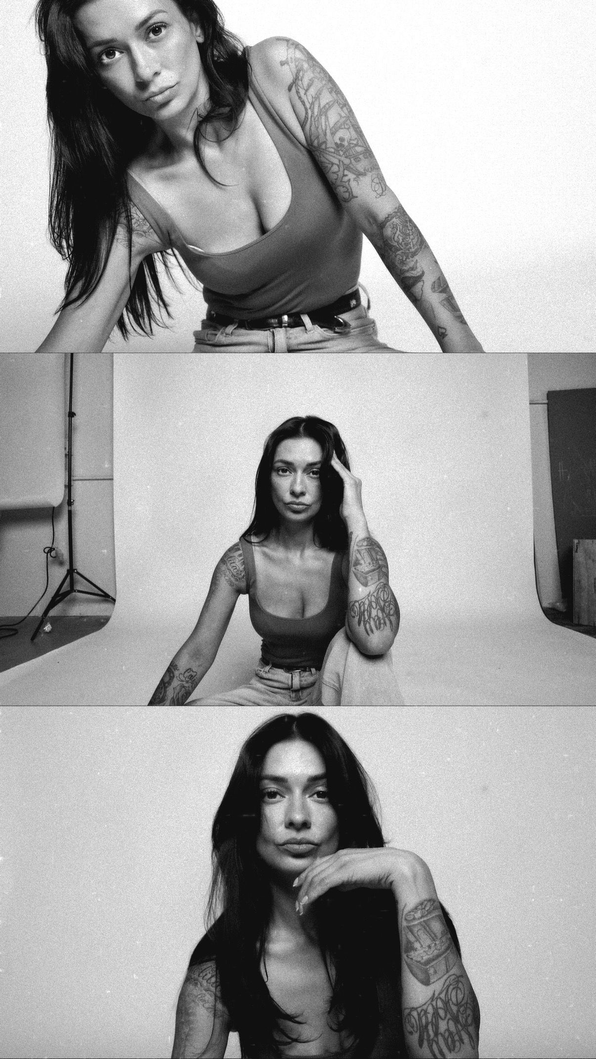Black and white portrait photography series showing artistic poses and tattoo art.