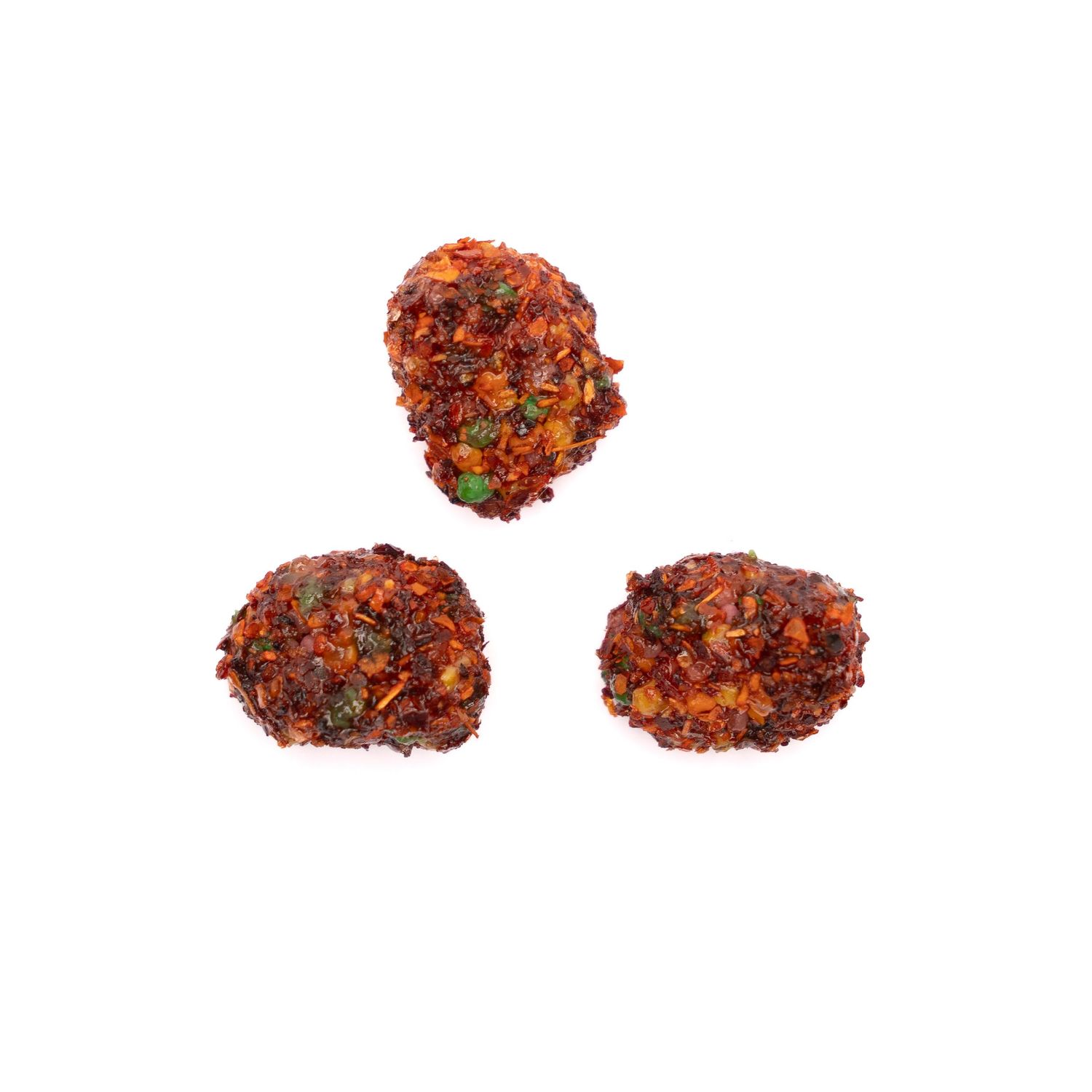 Three round spicy-coated snacks displayed on white background.