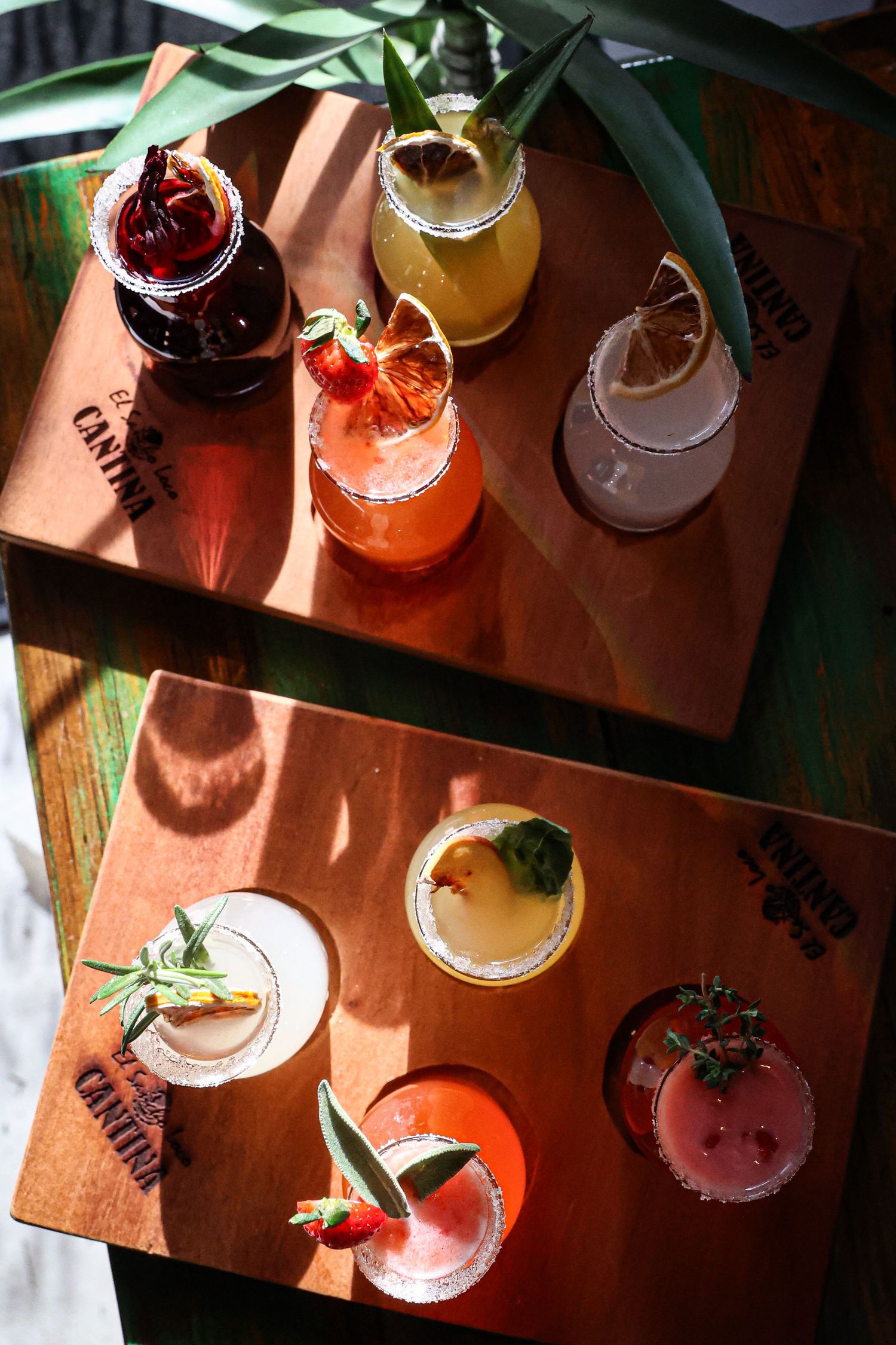 Overhead view of colorful cocktails arranged on a wooden surface in natural lighting.