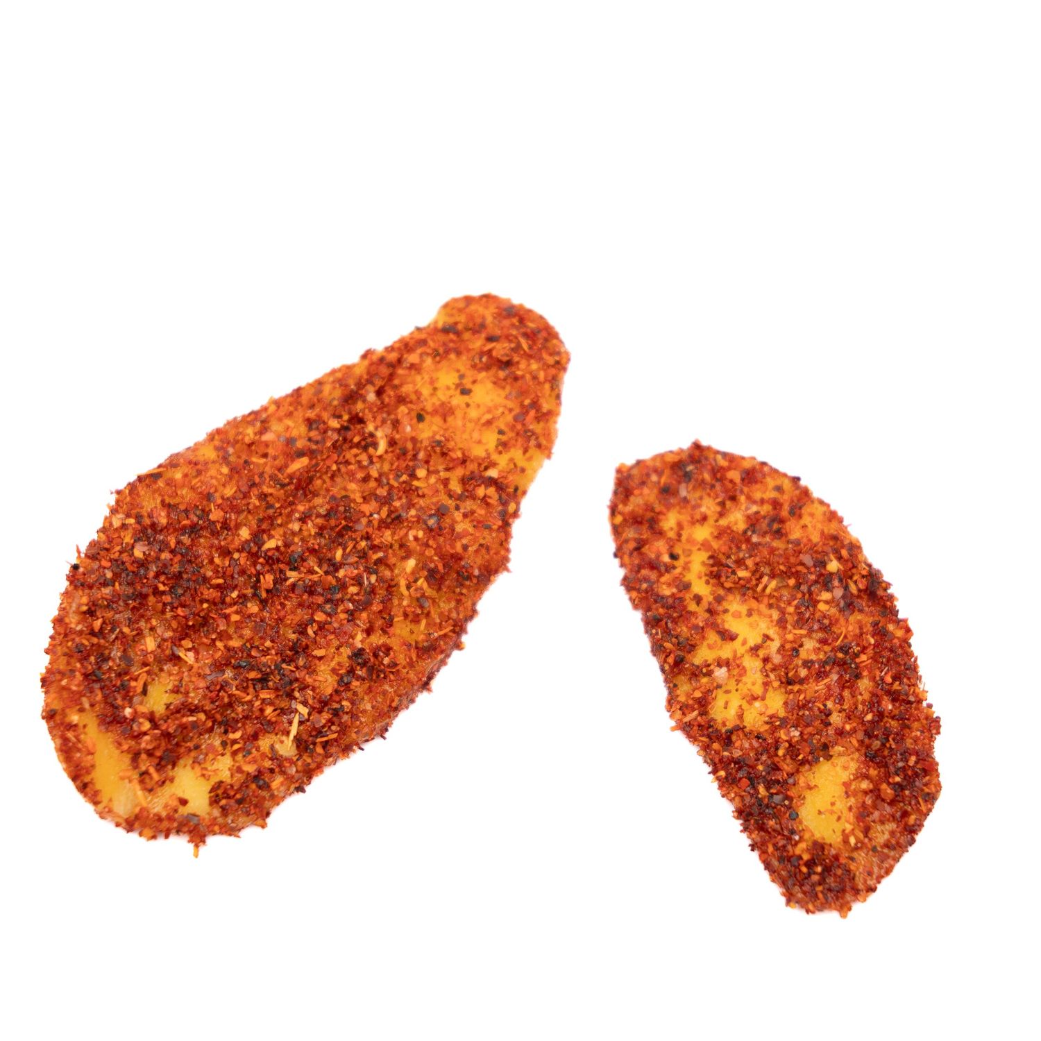 Two spicy-coated chicken pieces displayed on white background.