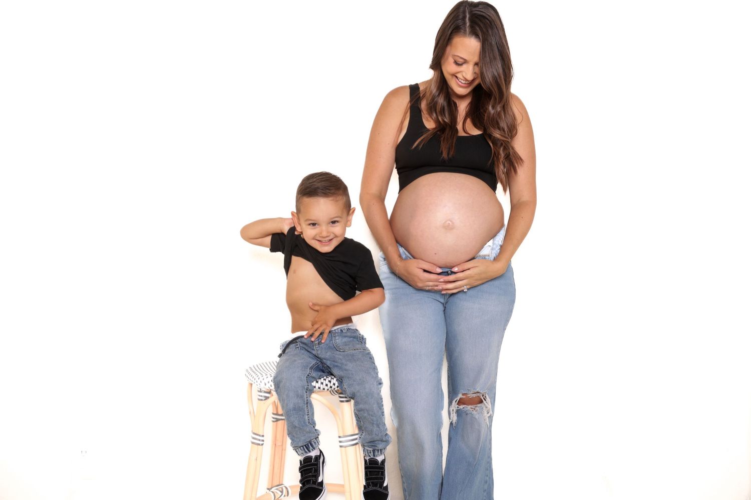 Maternity photography session showing progression of poses against neutral background.