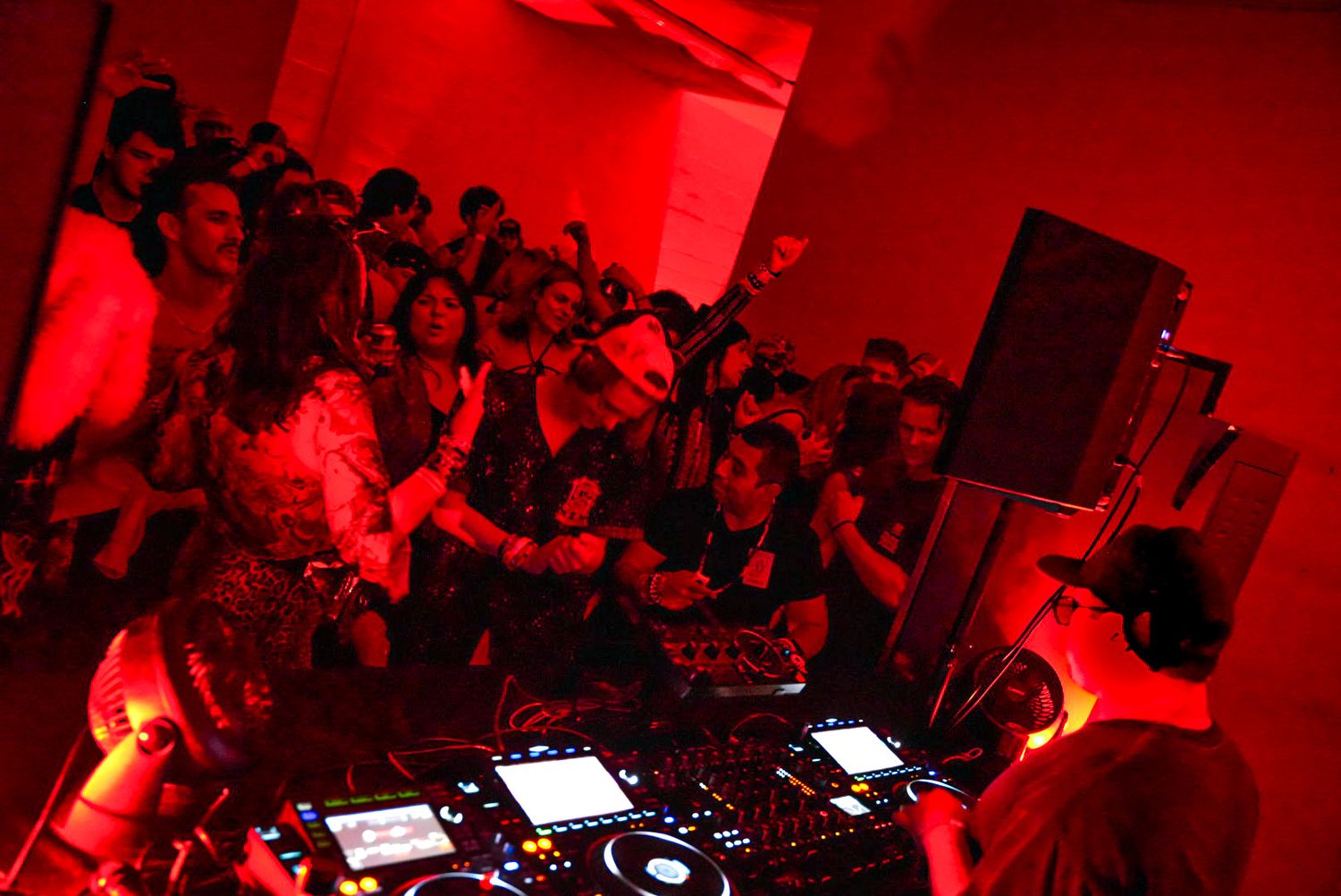 Female DJ performs for an enthusiastic crowd at a red-lit underground dance party.