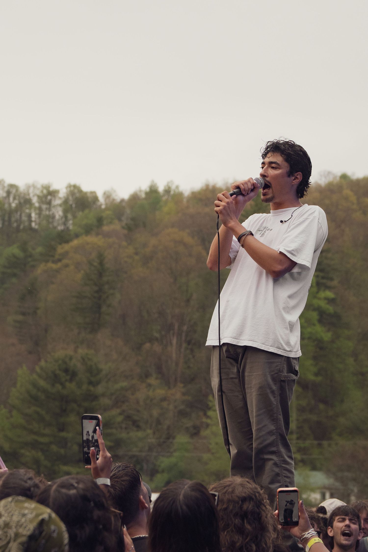 Male singer performing on stage with microphone amid outdoor festival crowd and trees.