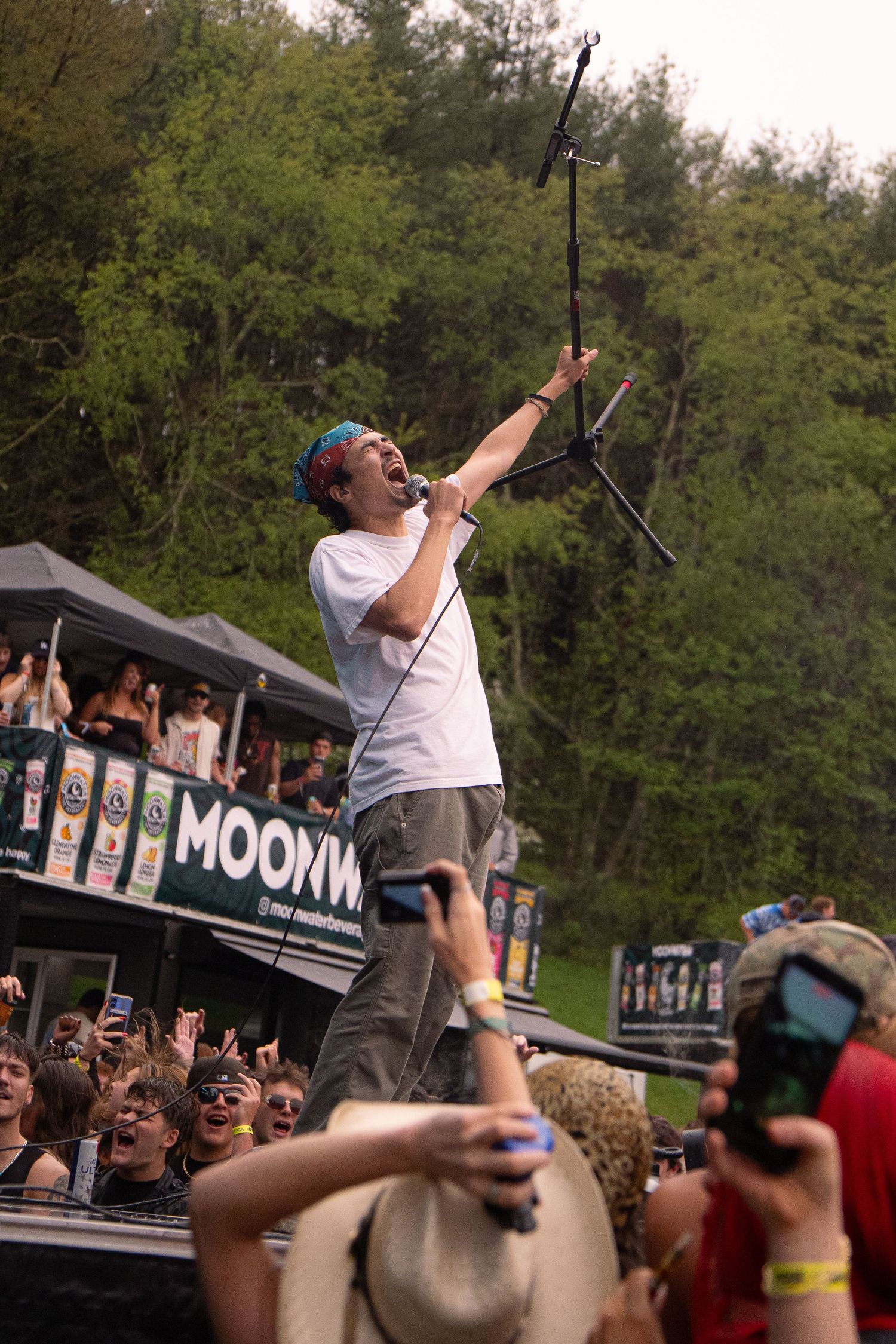 Energetic male performer in white tee raising mic stand above crowd at outdoor festival.