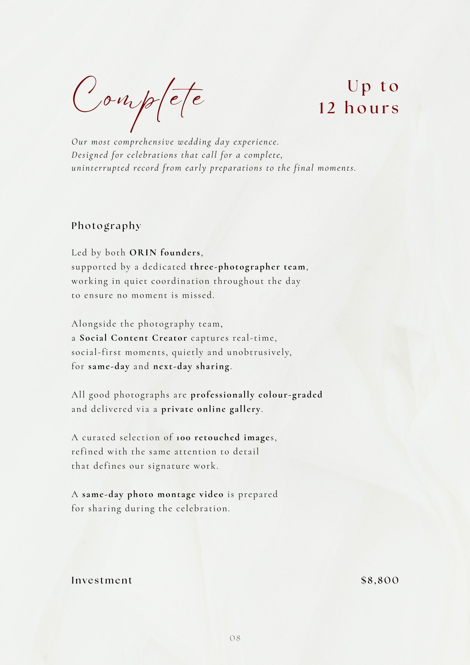 Elegant wedding photography package brochure detailing Complete 12-hour coverage with three-photographer team priced at $8,800.
