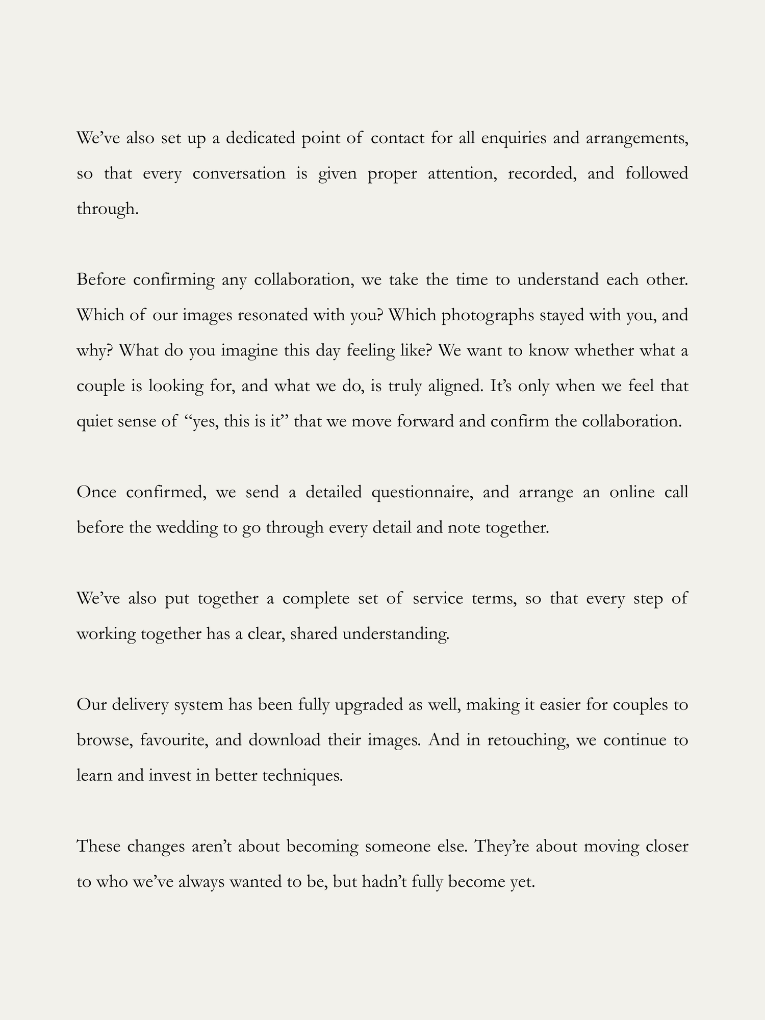 A page of elegant wedding photography business text on cream background discussing client collaboration and service processes.